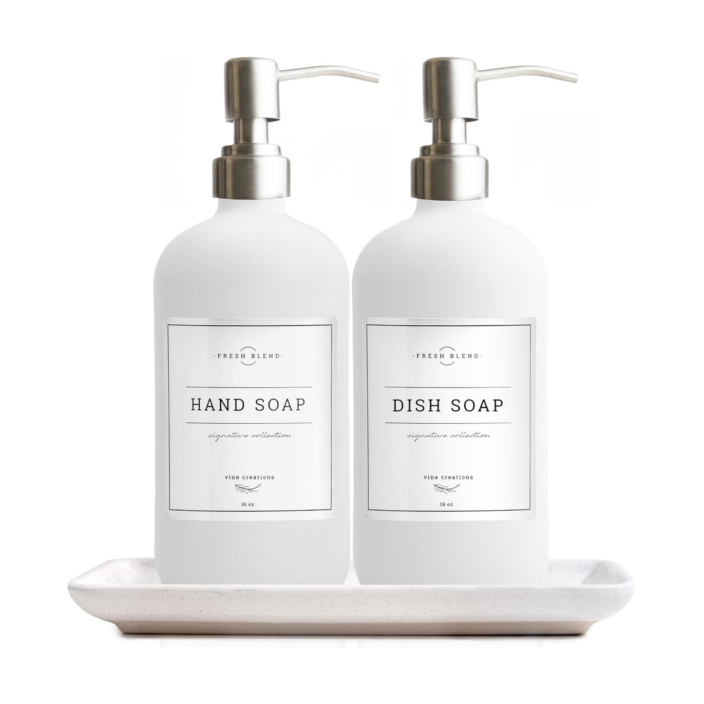Vine Creations Glass Soap Dispenser, 2 Pack Kitchen Soap Dispenser Set with Ceramic Tray, Stainless Steel Pump, Dish