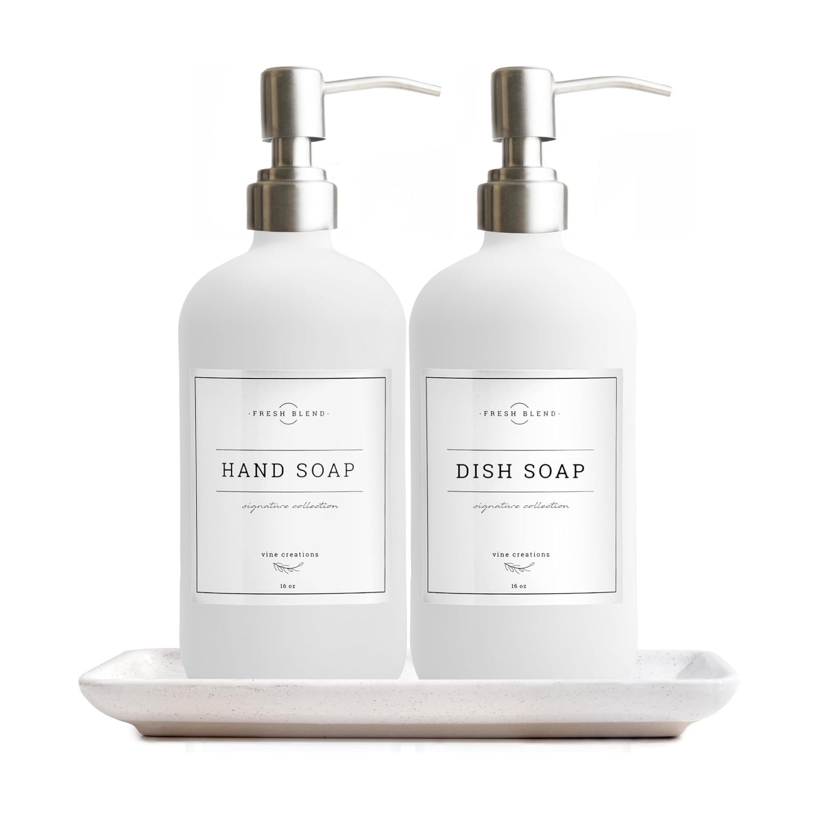 Vine Creations Glass Soap Dispenser, 2 Pack Kitchen Soap Dispenser Set with Ceramic Tray, Stainless Steel Pump, Dish