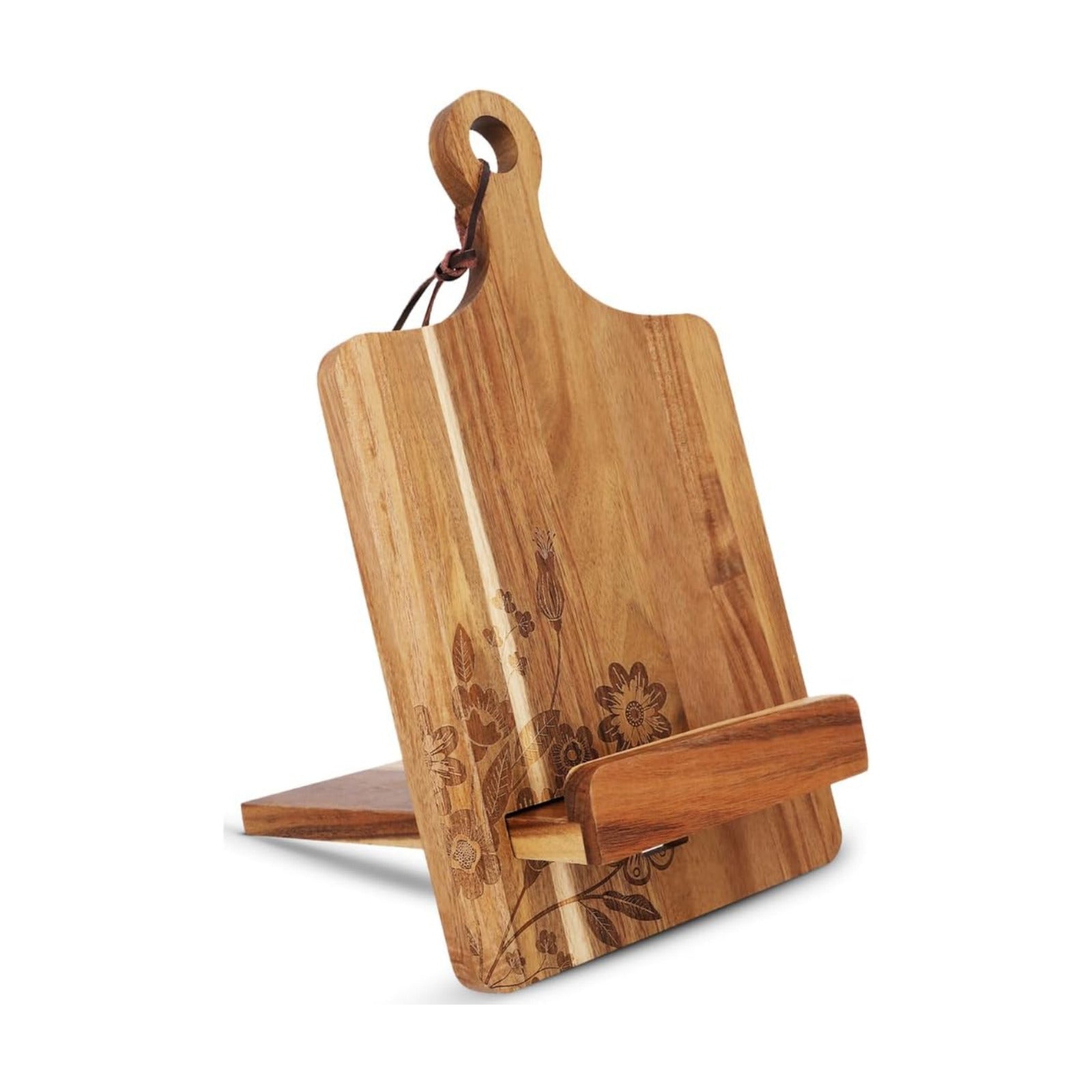 Wooden Cookbook Stand for Kitchen Counter - Reversible Recipe Book Holder with Cooking Measurement Conversion Card
