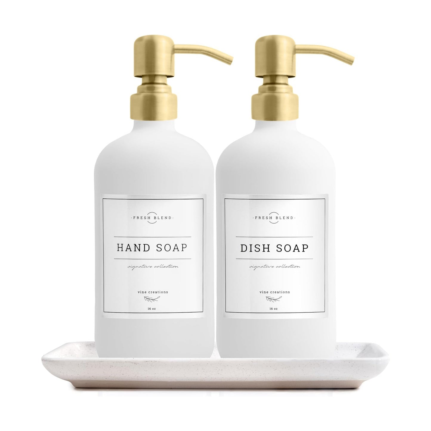 Vine Creations Glass Soap Dispenser, 2 Pack Kitchen Soap Dispenser Set with Ceramic Tray, Stainless Steel Pump, Dish