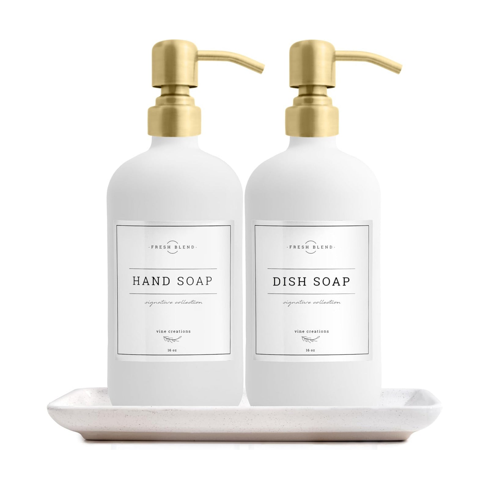 Vine Creations Glass Soap Dispenser, 2 Pack Kitchen Soap Dispenser Set with Ceramic Tray, Stainless Steel Pump, Dish
