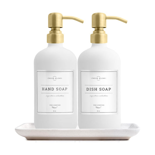Vine Creations Glass Soap Dispenser, 2 Pack Kitchen Soap Dispenser Set with Ceramic Tray, Stainless Steel Pump, Dish