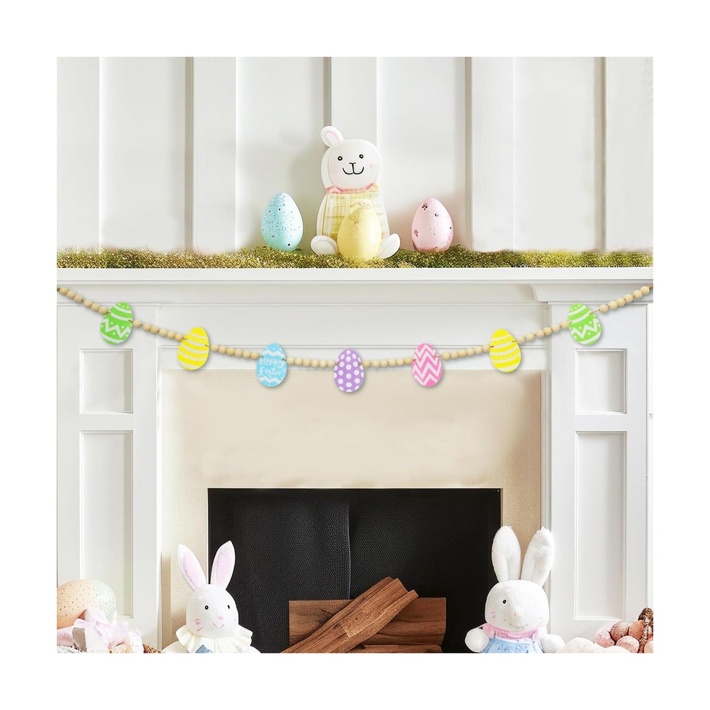 Easter Day Wooden Beads Garland / Green Yellow Blue / 4.2 ft