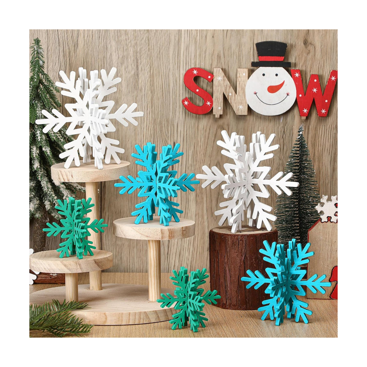 Bucherry 12 Pcs Wooden Snowflakes Table Decor,White, Blue, Green