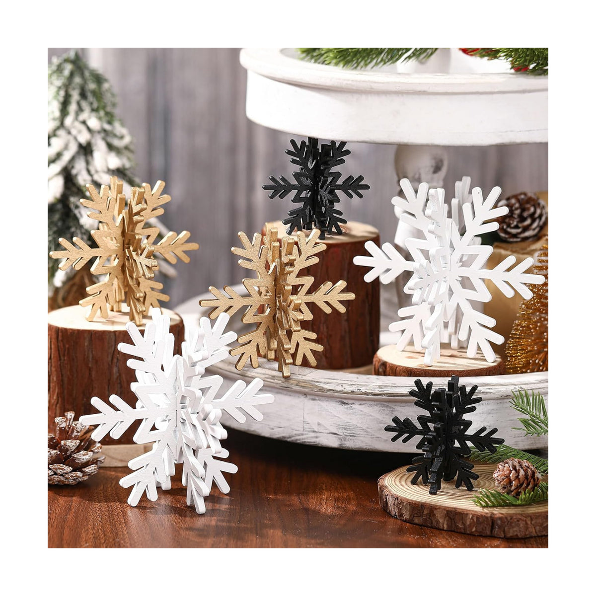 Bucherry 12 Pcs Wooden Snowflakes Table Decor,White, Gold, Black