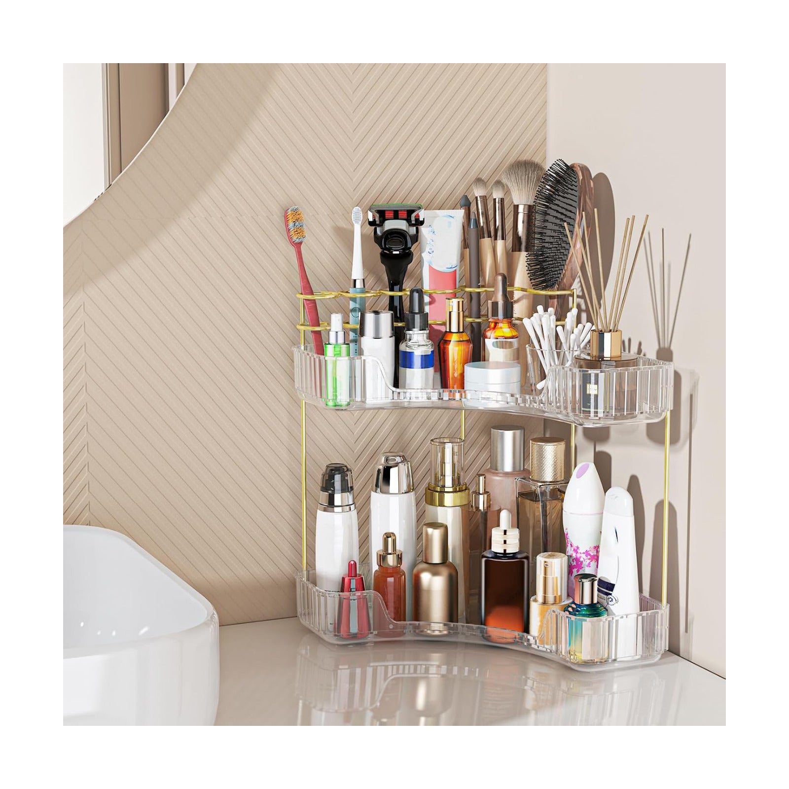 Webetop Corner Makeup Organizer 2 Tier Bathroom Storage with Brush Holder | Space-saving Corner Fit, Clear Acrylic