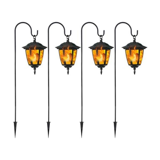Dynaming 4 Pack Solar Flame Hanging Lights Outdoor, Halloween Solar Flickering Flame LED Garden Lanterns with 4 x 38 Inch Shepherd Hooks, Christmas Lighting for Lawn Patio Yard Pathway Driveway