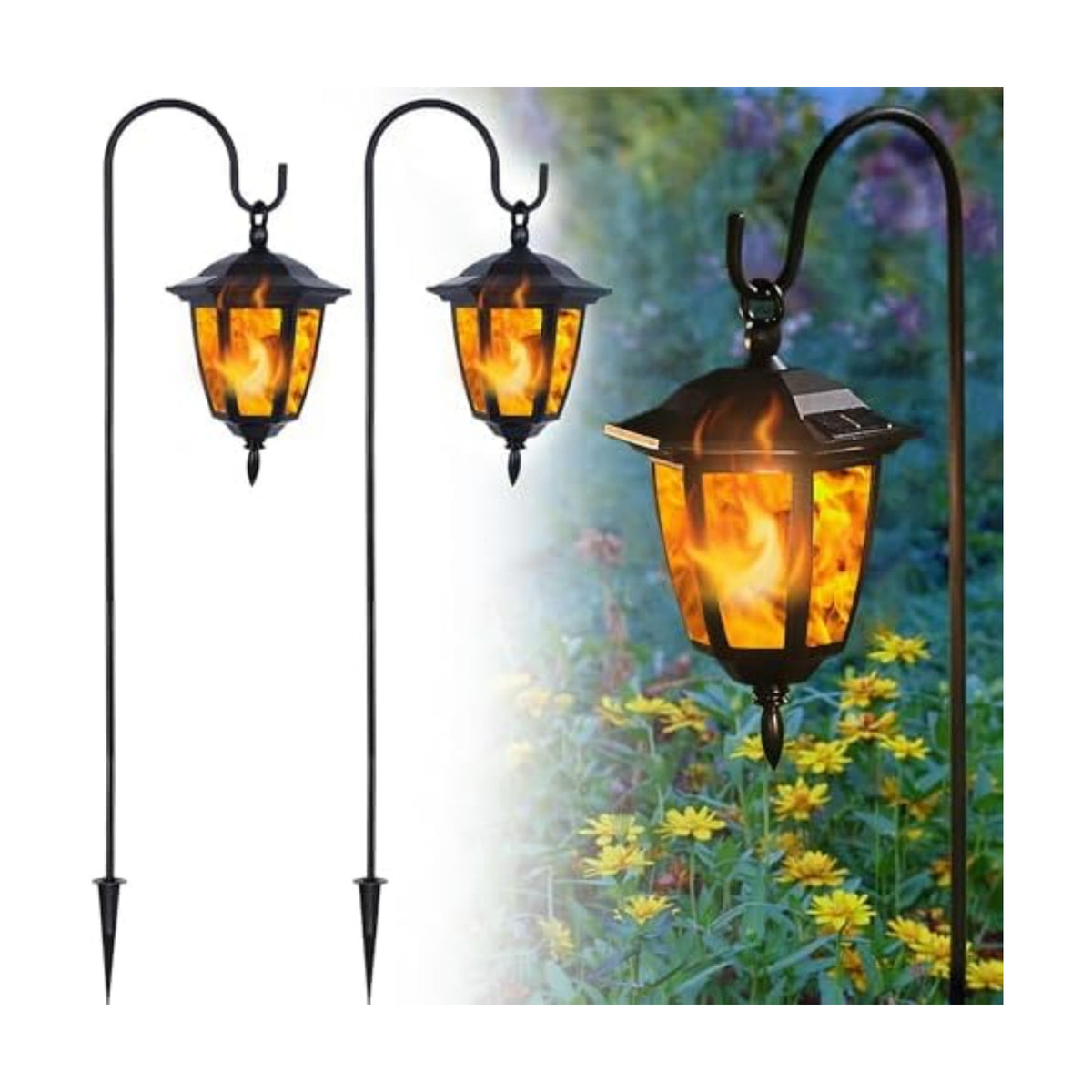 Dynaming 2 Pack Solar Flame Hanging Lights Outdoor, Halloween Solar Flickering Flame LED Garden Lanterns with 2 x 38 Inch Shepherd Hooks, Christmas Lighting for Lawn Patio Yard Pathway Driveway
