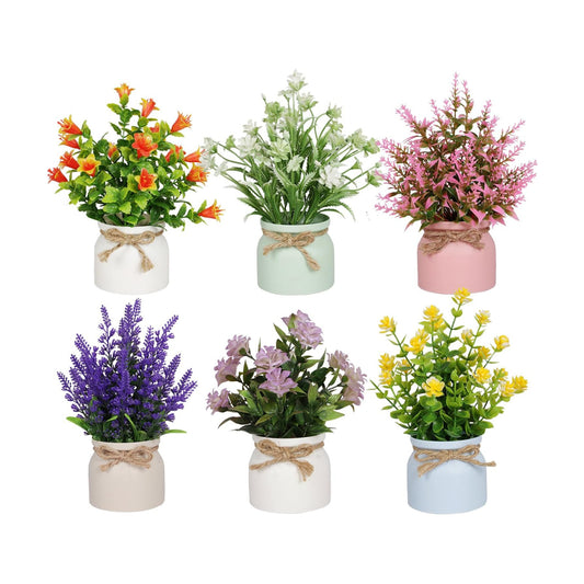 Artificial Pot Flowers Small Fake Plants Mini Potted Plants / Set of 6