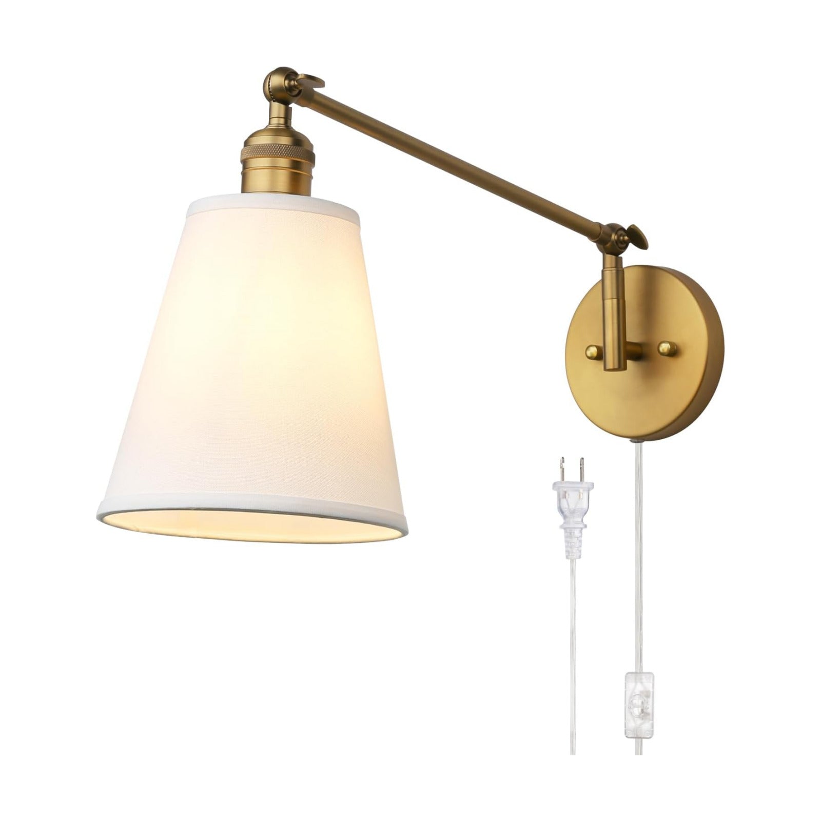 Retro Swing Arm Wall Sconce Plug in Wall Lamp Single Sconce Light Fixture with White Fabric Shade for Bedroom Living