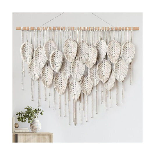 Macrame Wall Hanging Boho Beige Leaves Tapestry Bohemian Handmade Woven Wall / Beige-39" W x 28.3" L