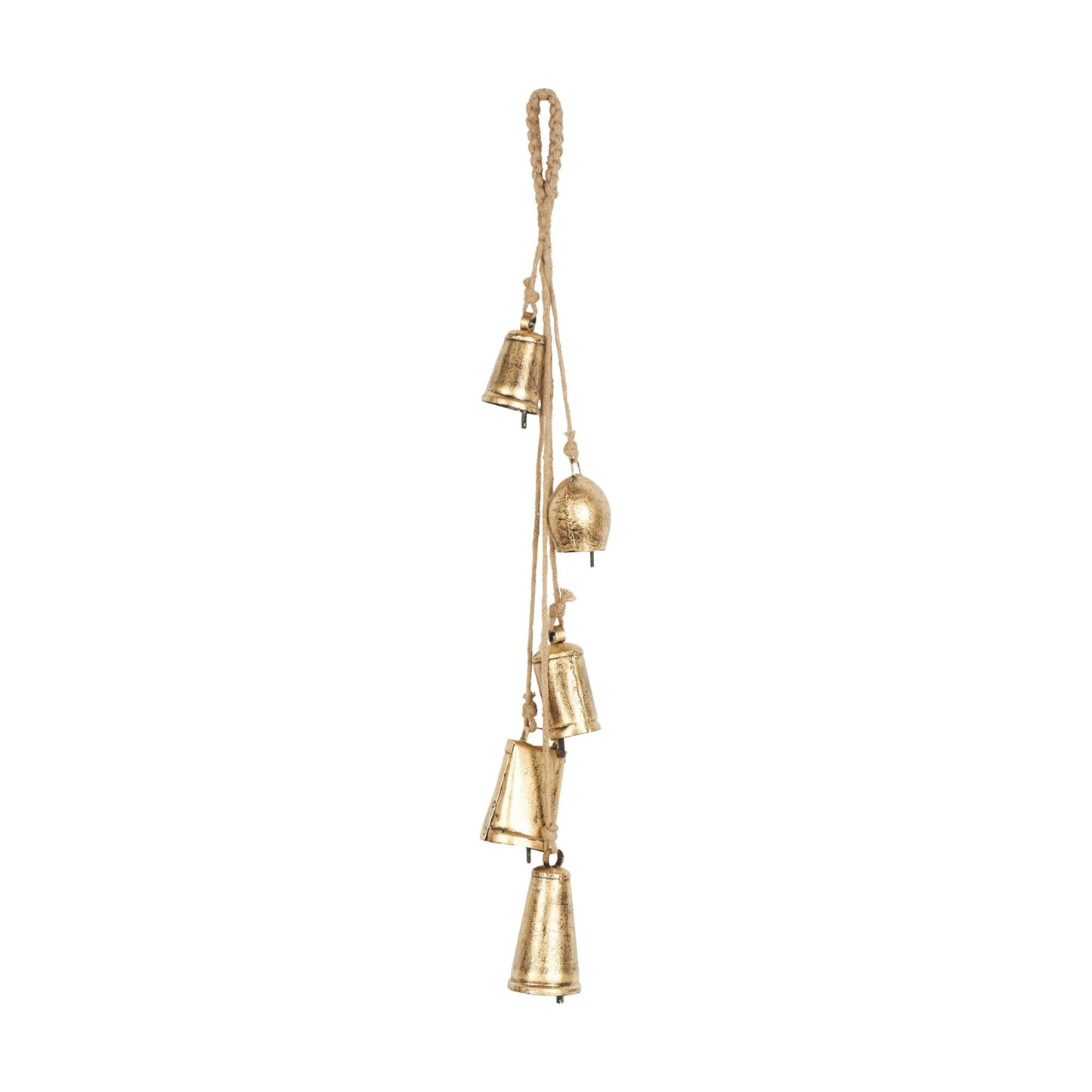 Deco 79 Golden Bell Cluster | Indoor Tibetan Inspired Cascading Meditation Bell With 5 Bells On Jute Hanging Rope