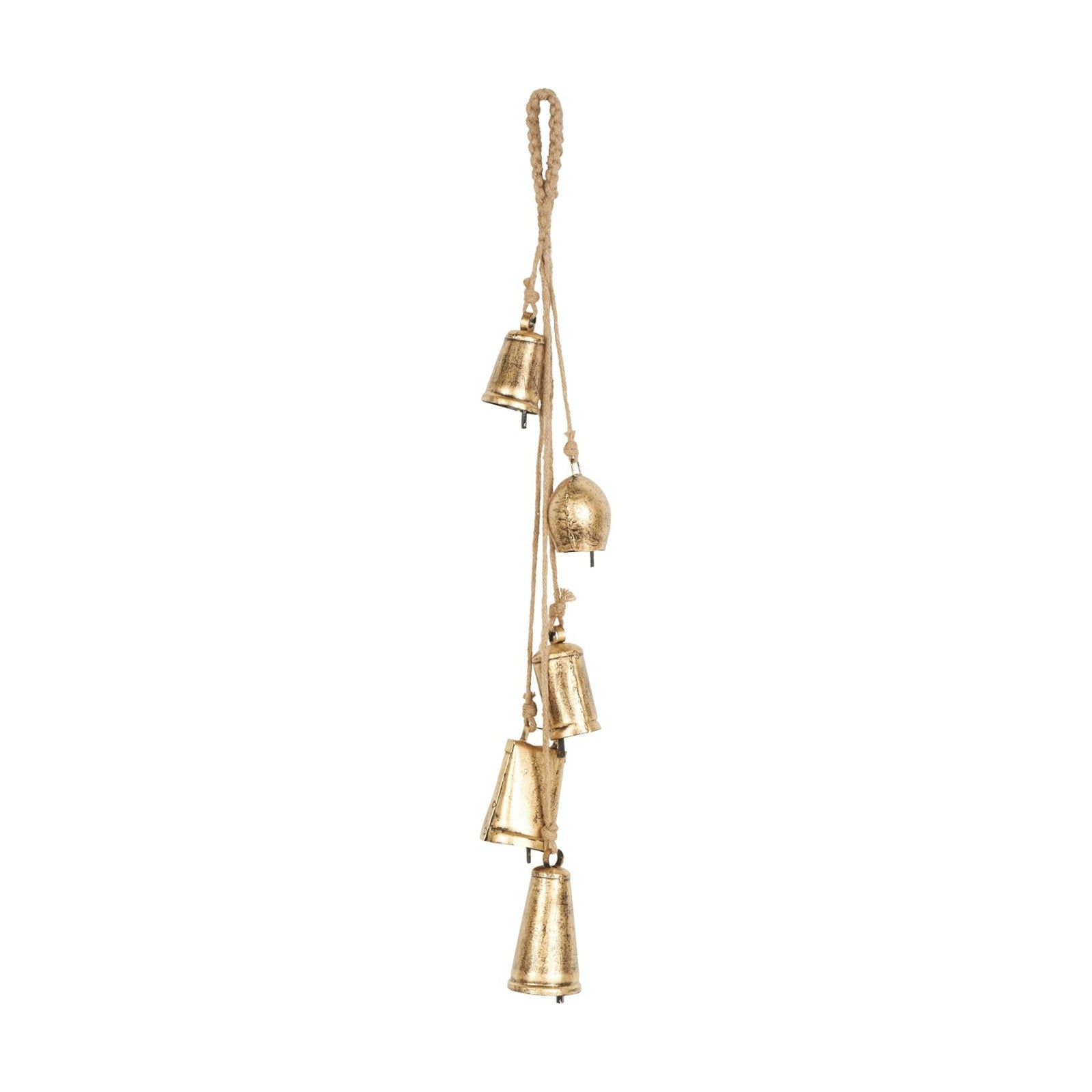 Deco 79 Golden Bell Cluster | Indoor Tibetan Inspired Cascading Meditation Bell With 5 Bells On Jute Hanging Rope