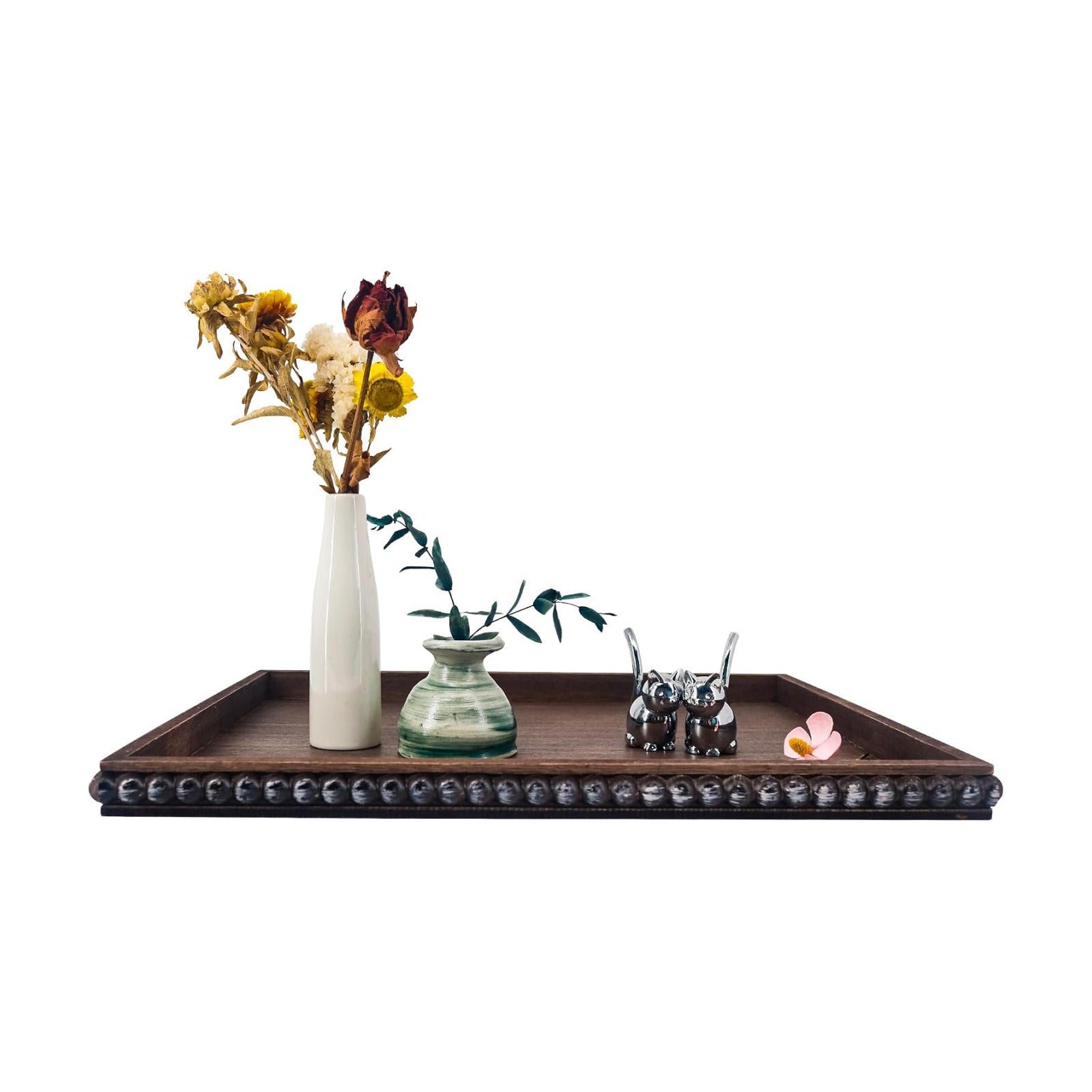 Decorative Tray Rectangular Wood Beaded / Brown / 16 x 12 x 1