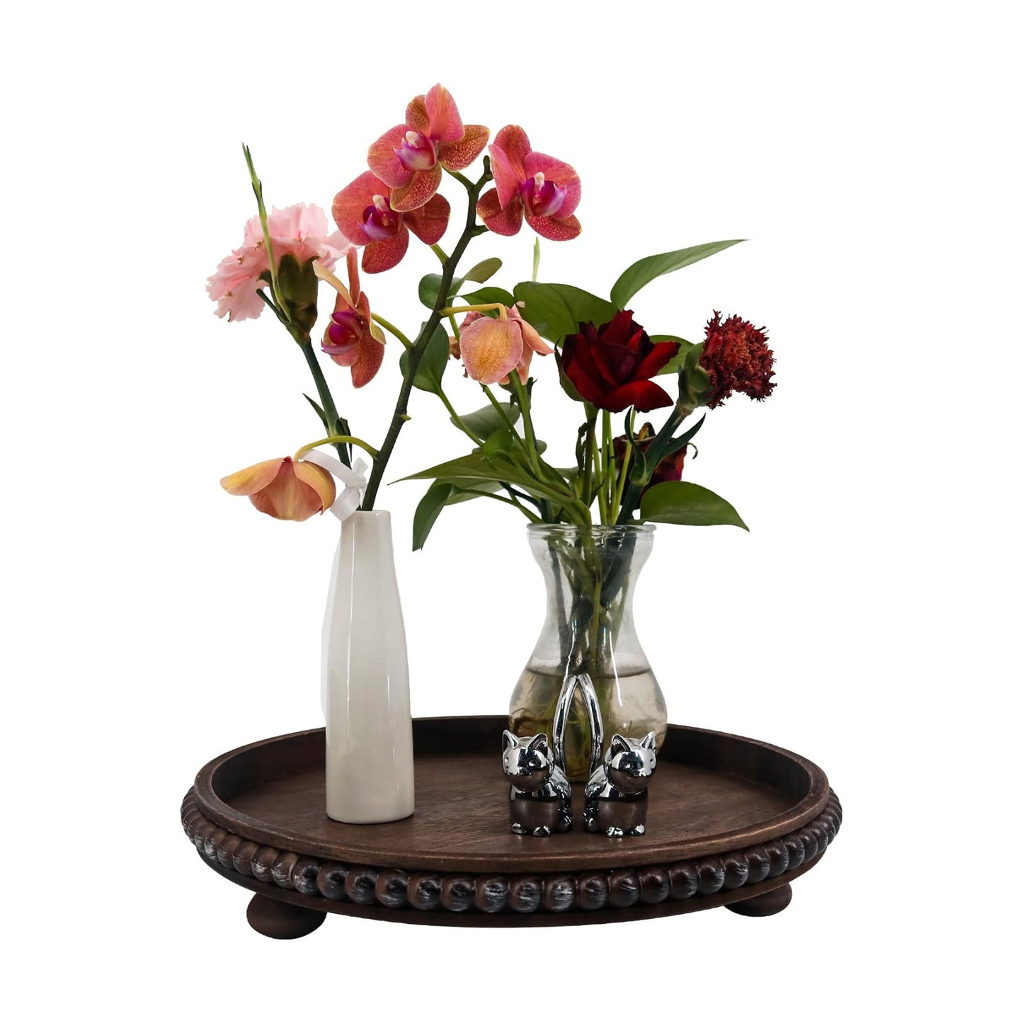 Decorative Tray Round Wood Beaded / Brown / 12 Inch / Set of 12