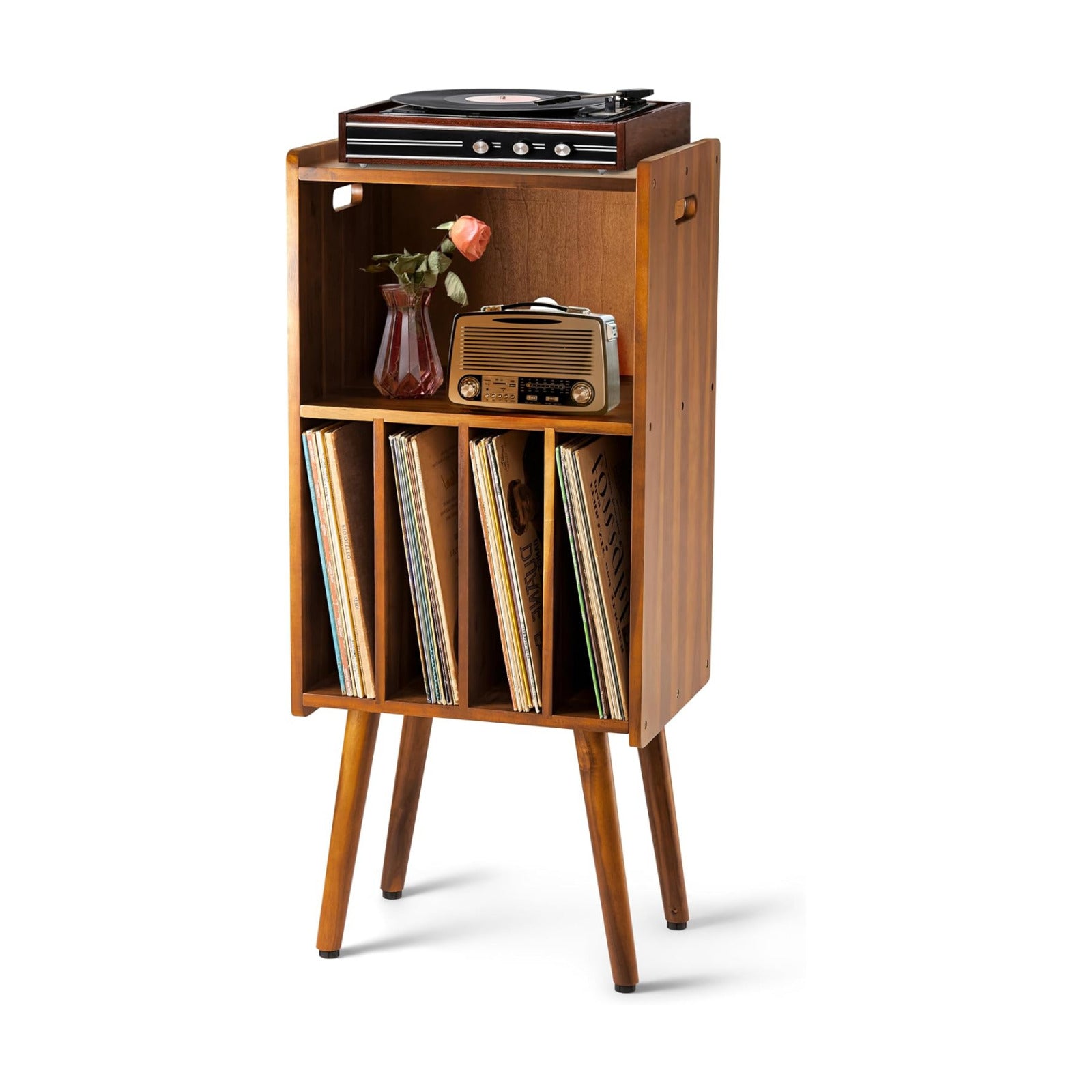 Wooden LP Record Player Stand, 3-Tier Turntable Stand Cabinet Holds up to 100 Albums, Metal Record Storage Holder and