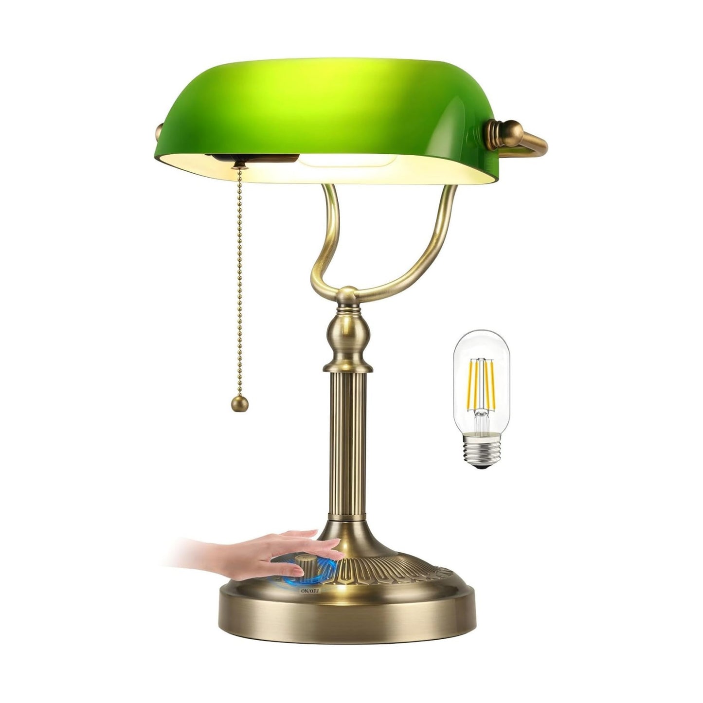 Green Stepless Dimmable Glass Bankers Desk Lamp | Table Lamp Plug in Fixture for Study, Office, LED Bulb Included