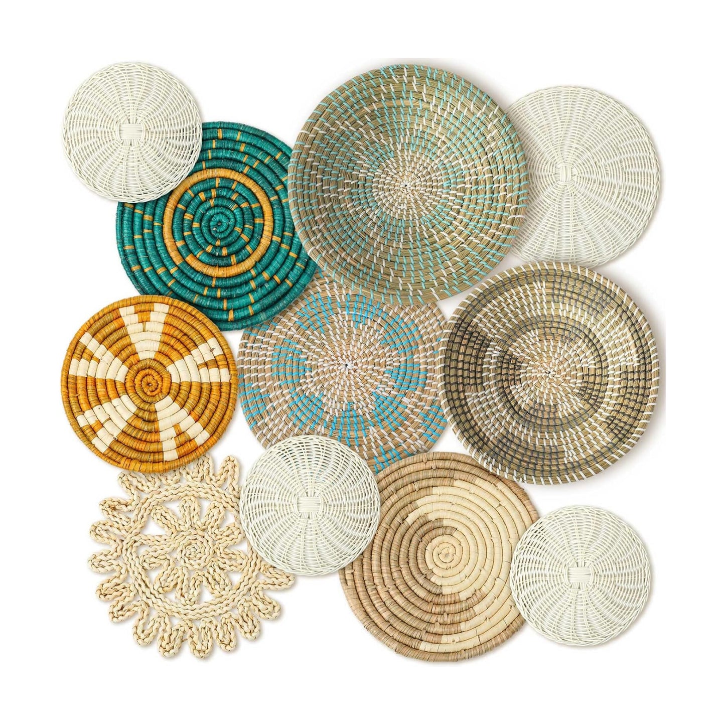 Boho Wall Basket Decor Bulrush Woven Wall Hanging Art Round Farmhouse Rustic / Bright / Set of 11