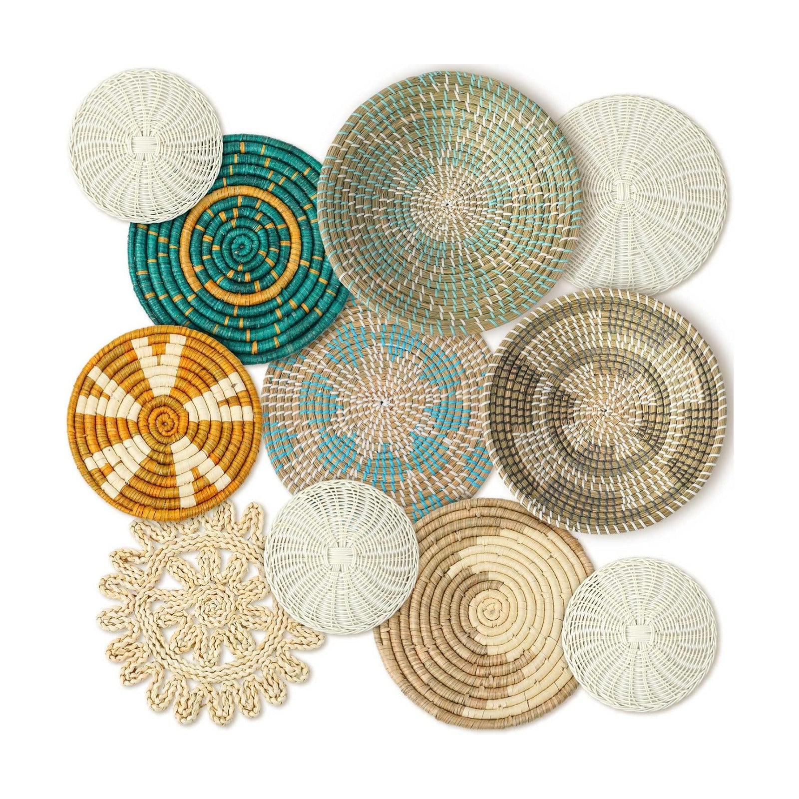 Boho Wall Basket Decor Bulrush Woven Wall Hanging Art Round Farmhouse Rustic / Bright / Set of 11