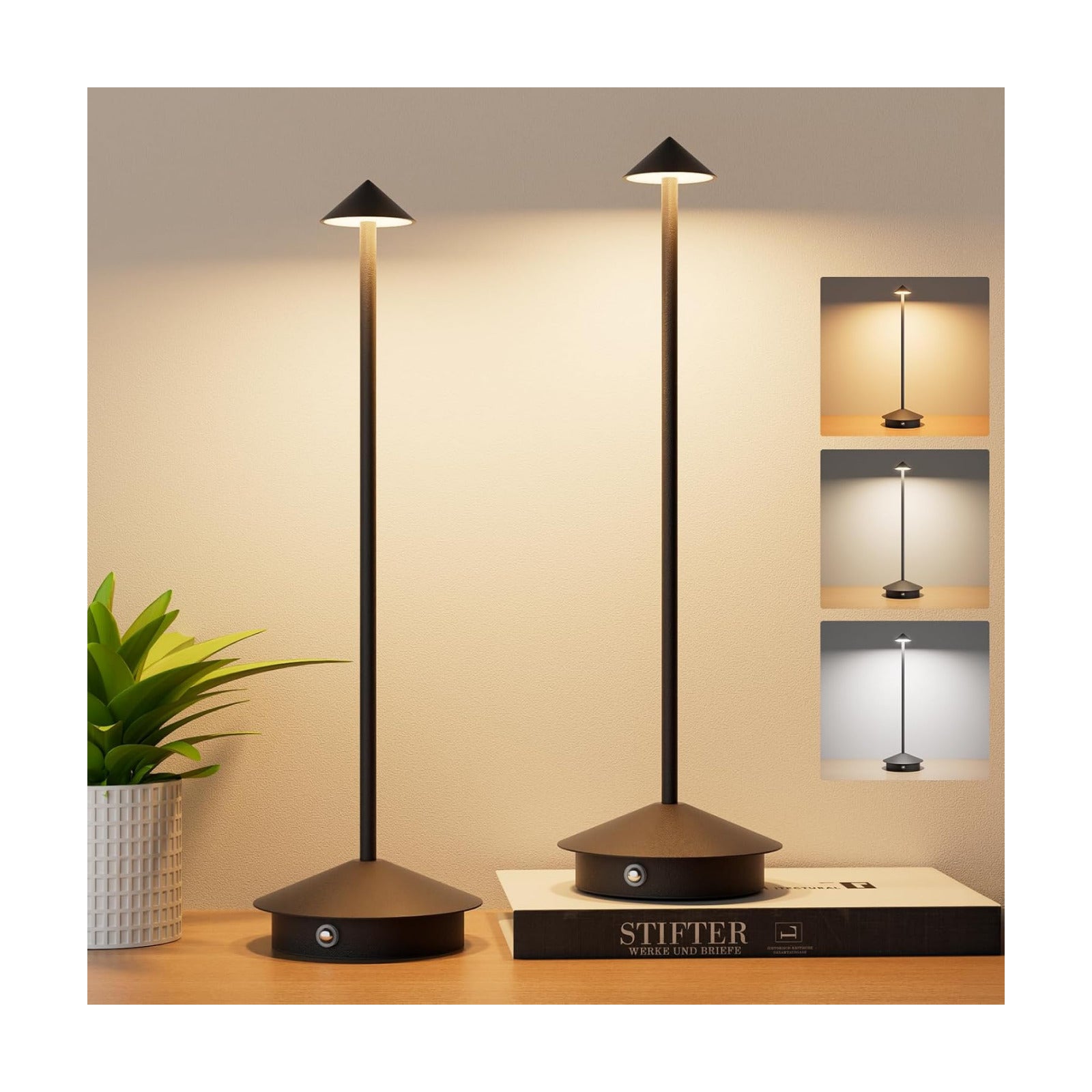 Cordless LED Table Lamps,Portable Battery Desk Lamp,2 Pack,Black | 6000mAh Rechargeable,3000K/4500K/6000K Touch