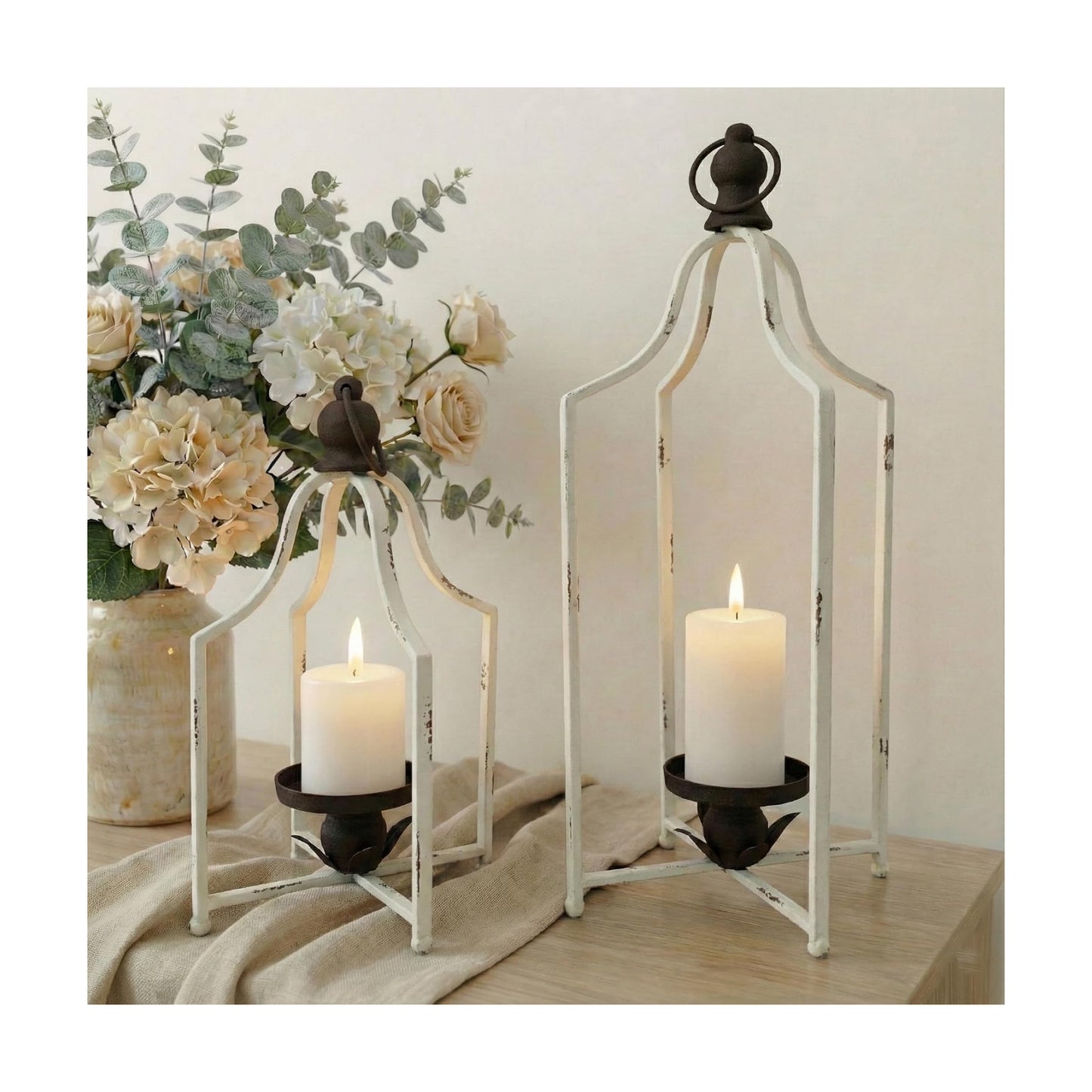 12.5" & 16.5" Timeless Cozy Decorative Lanterns Set of 2, Handcrafted Metal Iron Candle Holders, Farmhouse Elegance