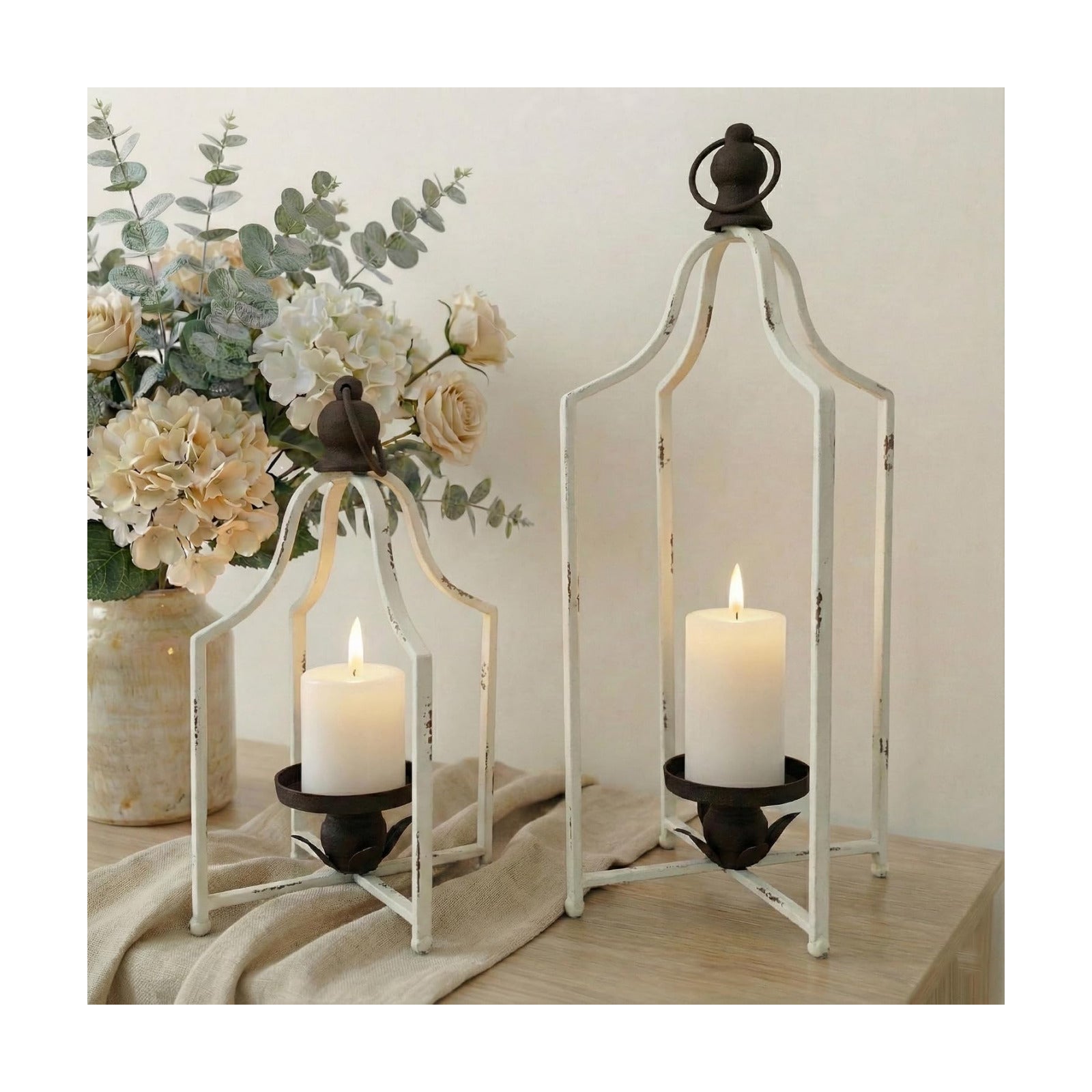 12.5" & 16.5" Timeless Cozy Decorative Lanterns Set of 2, Handcrafted Metal Iron Candle Holders, Farmhouse Elegance