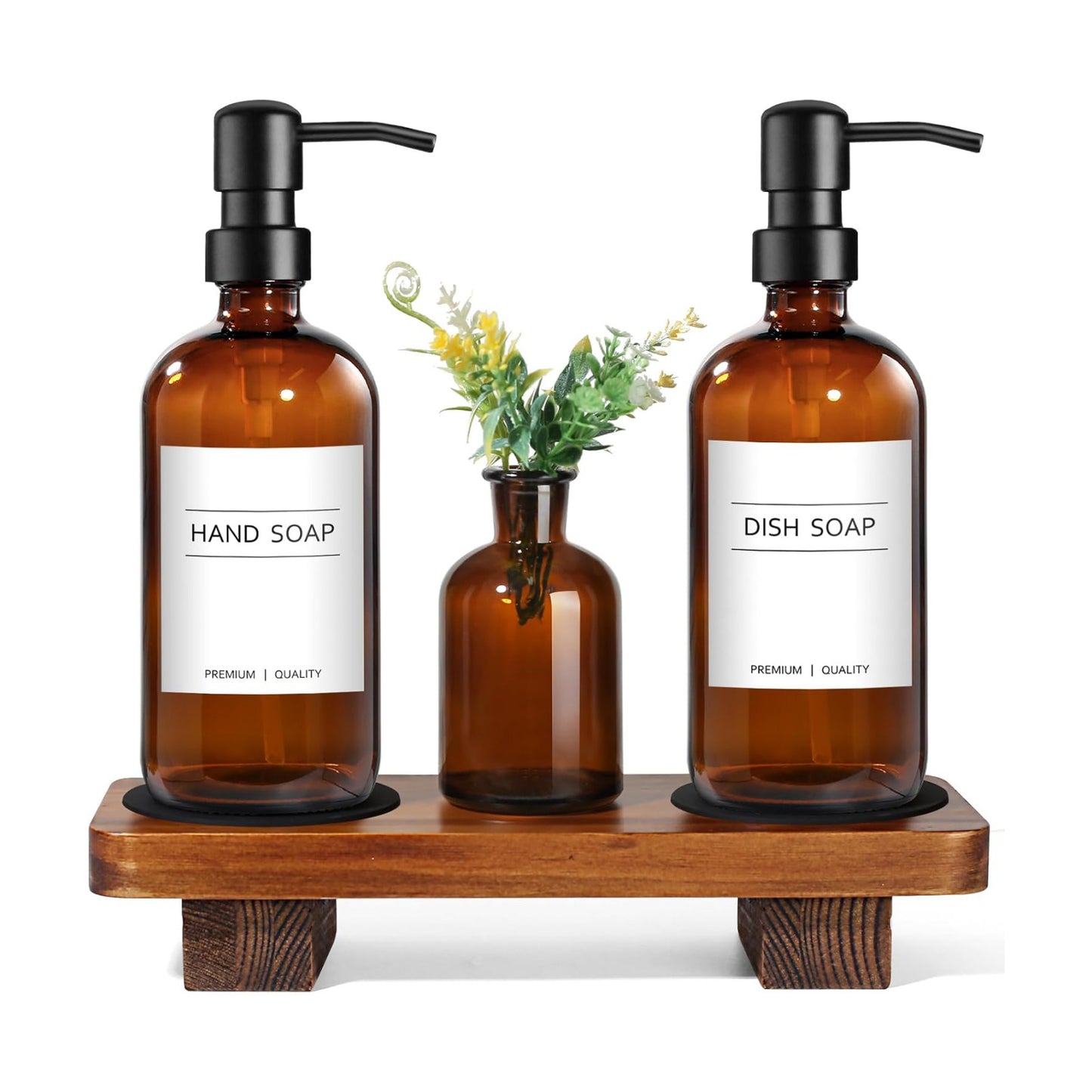 Wood Riser Tray / Amber Bottle + Black Pump