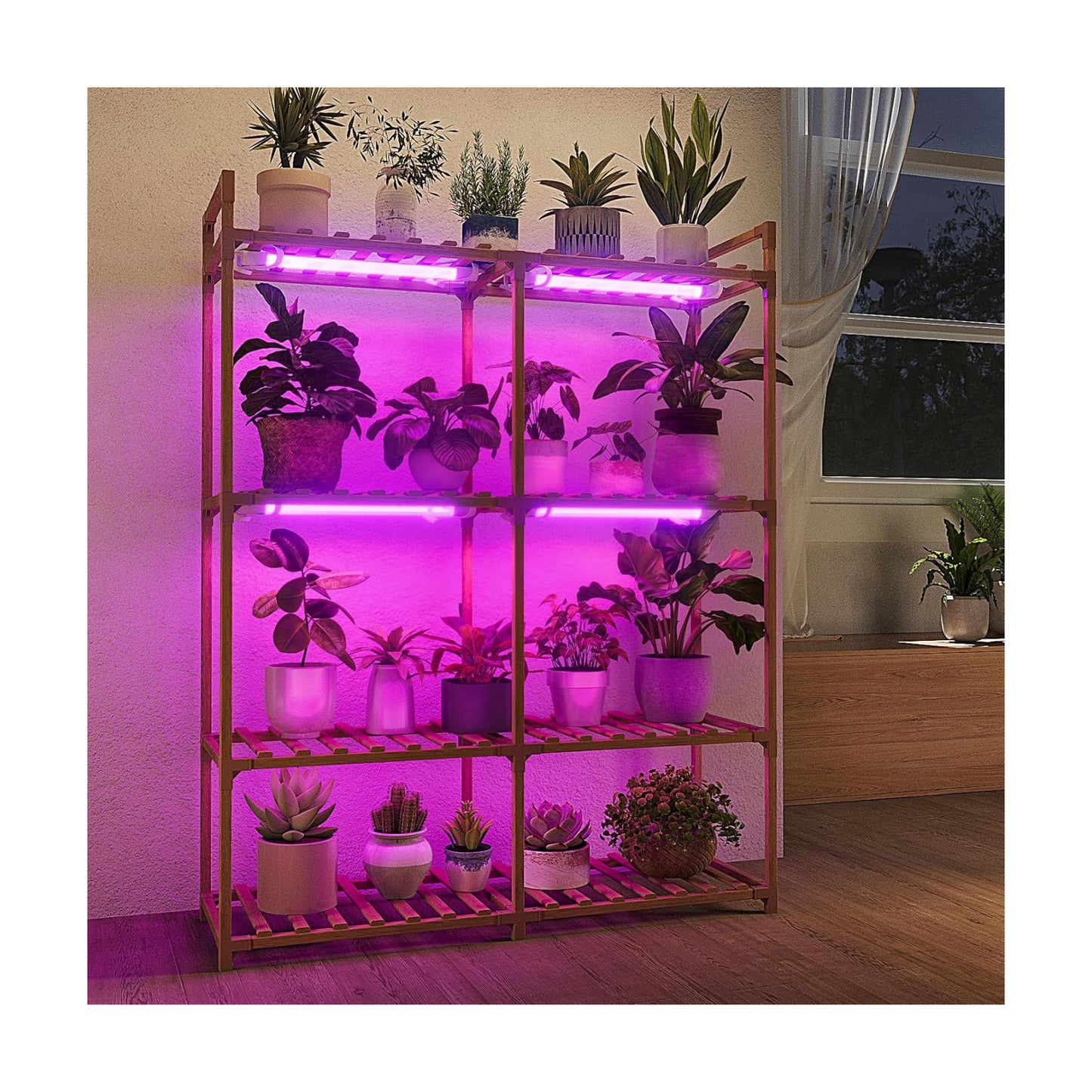 Bamworld Plant Stand with Grow Lights for Indoor Plants Wood Plant Shelf 4 Tier Large Flower Stand for Mutiple Plant