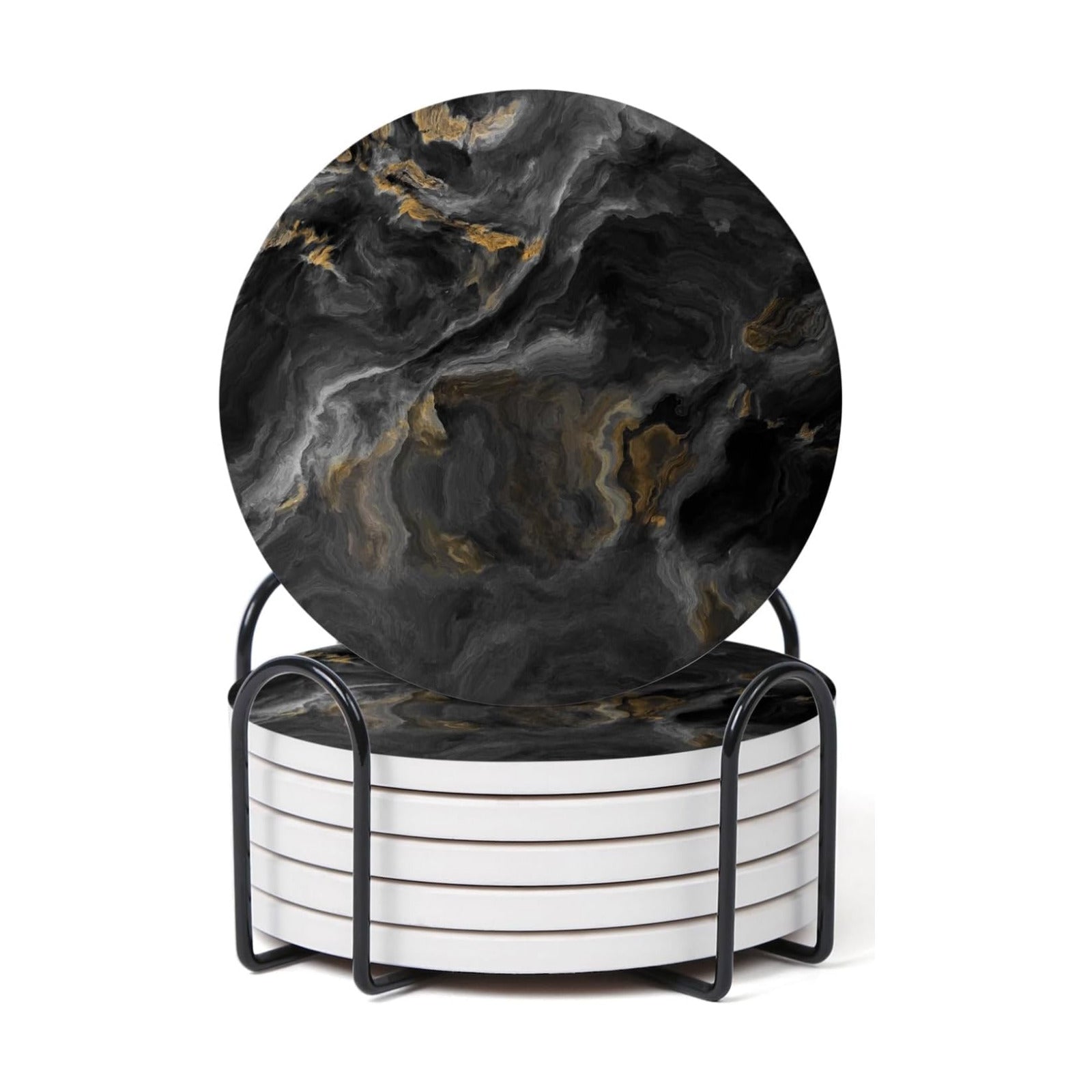 Holder / Absorbent Ceramic Coasters for Drinks / Abstract Black Marble / Set of 6