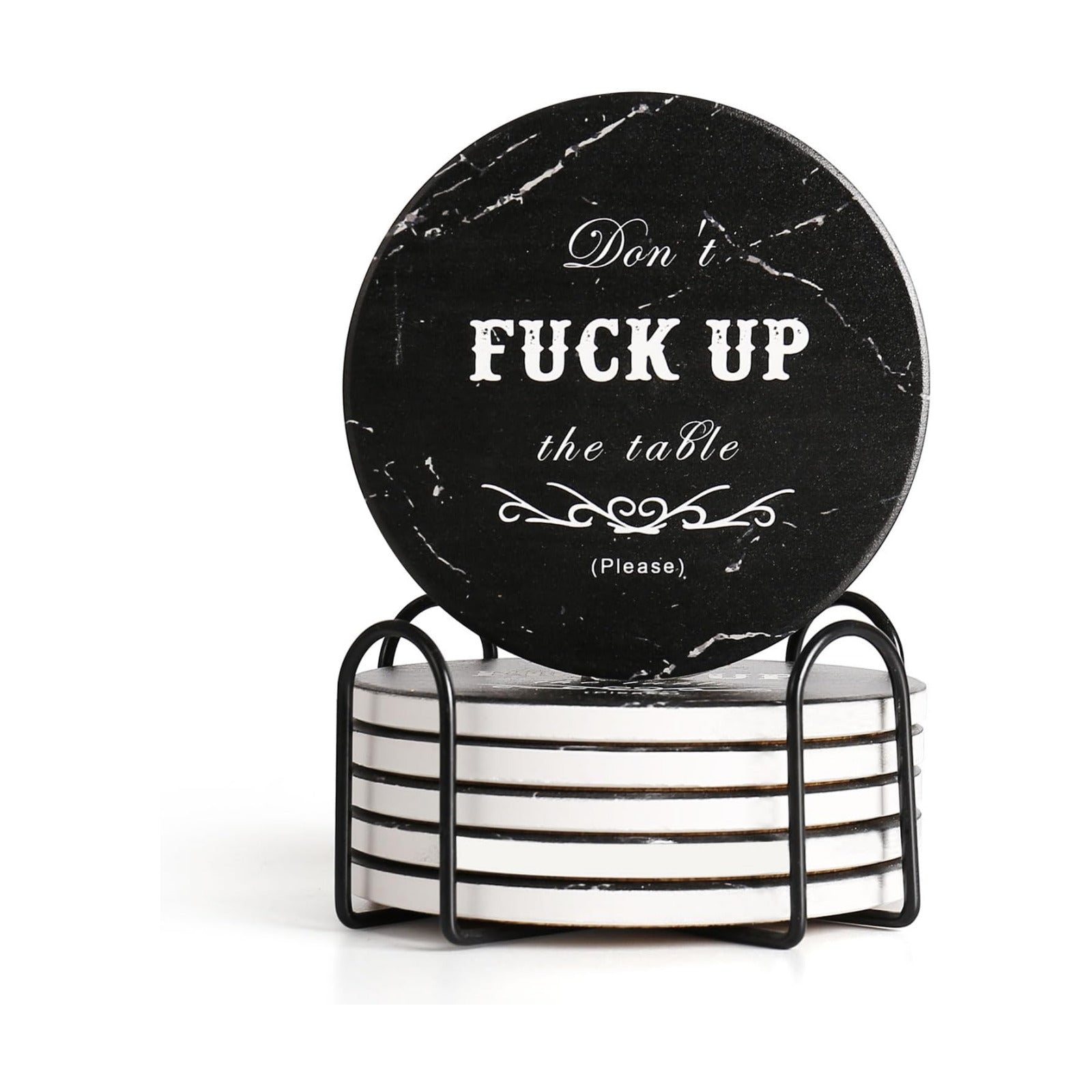 Holder / Rustic Marble Coasters / Round-black, 6 / Set of 6