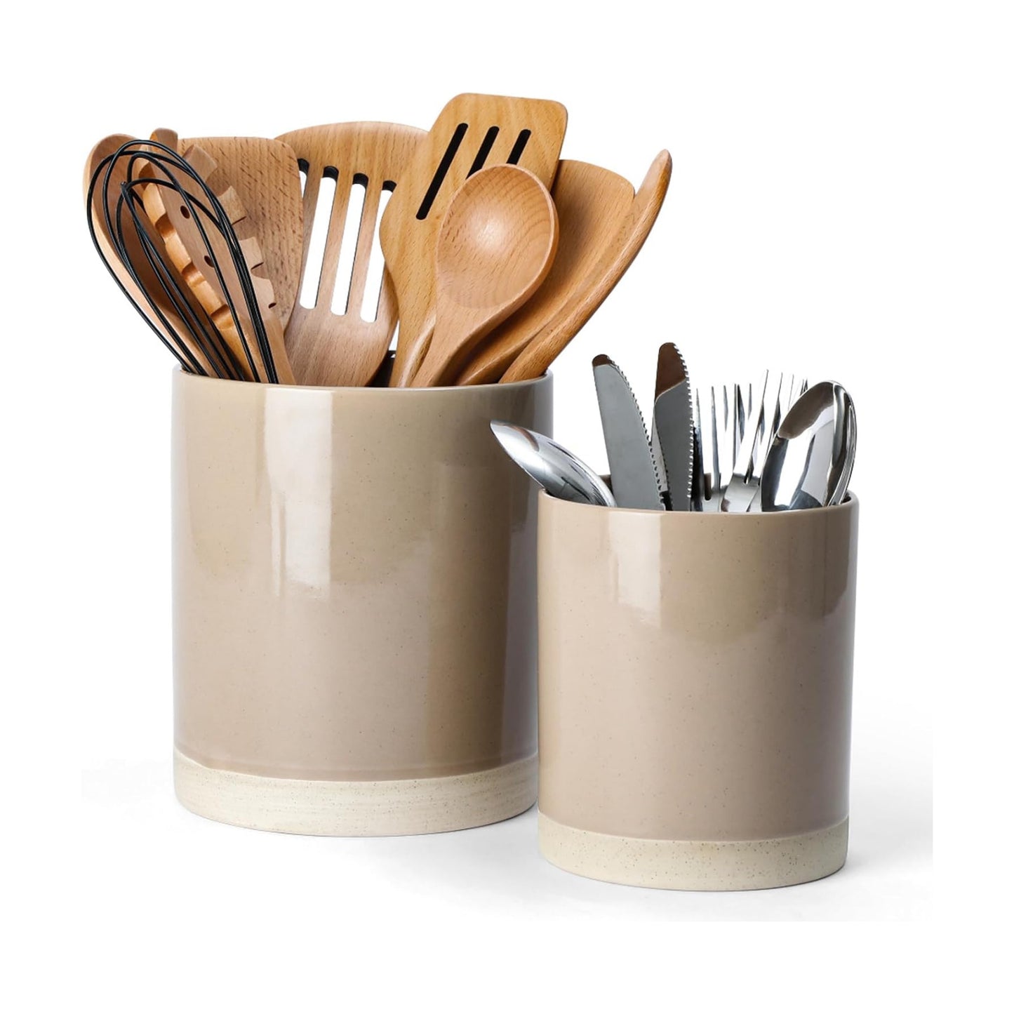 famiware Ceramic Utensil Holder, 7.2"+5.8", Set of 2, Cinnamon Brown | Cooking Utensil Crocks, Organizer for Spatula &