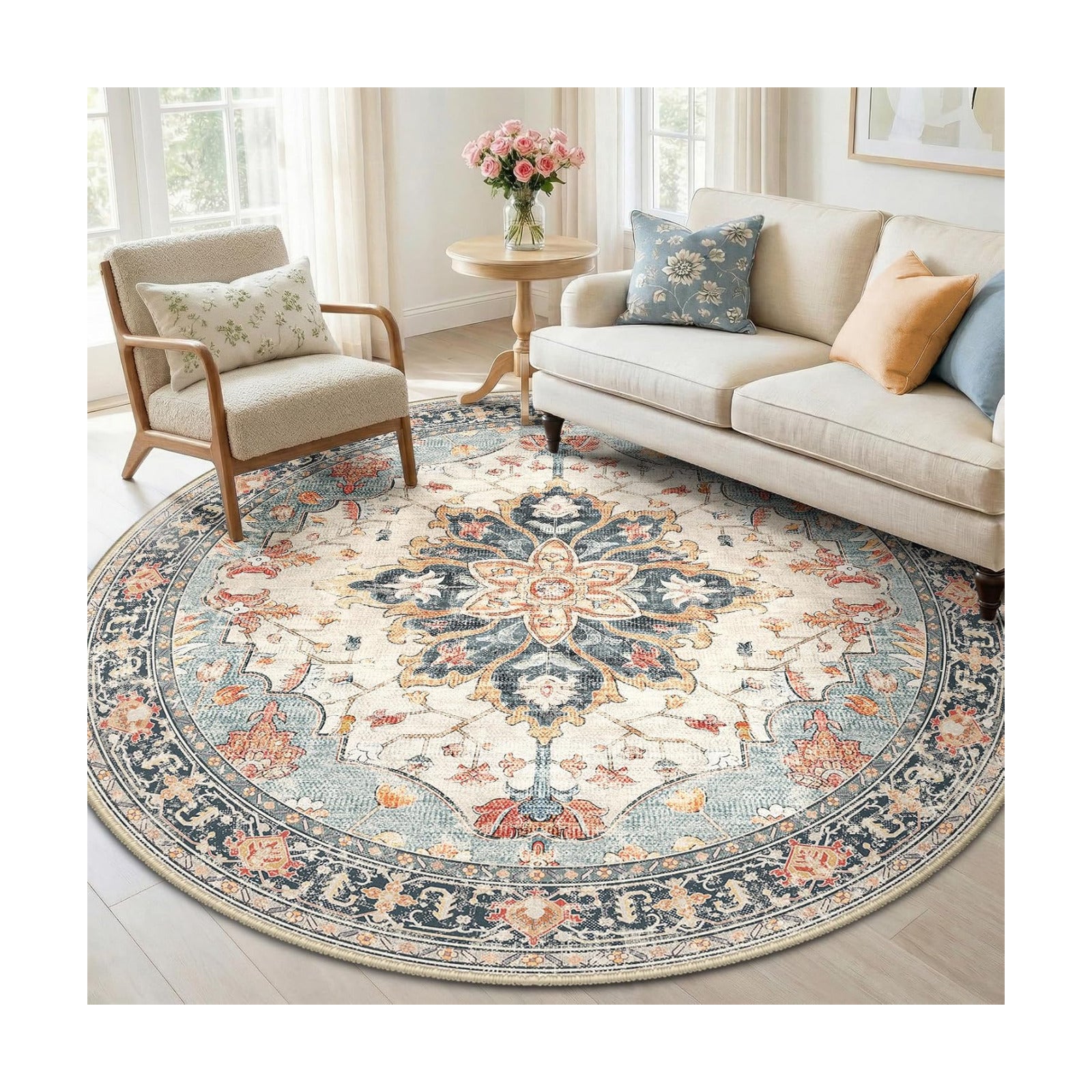 RELEANY Washable Area Rug, Round 6ft, Beige/Blue/Orange