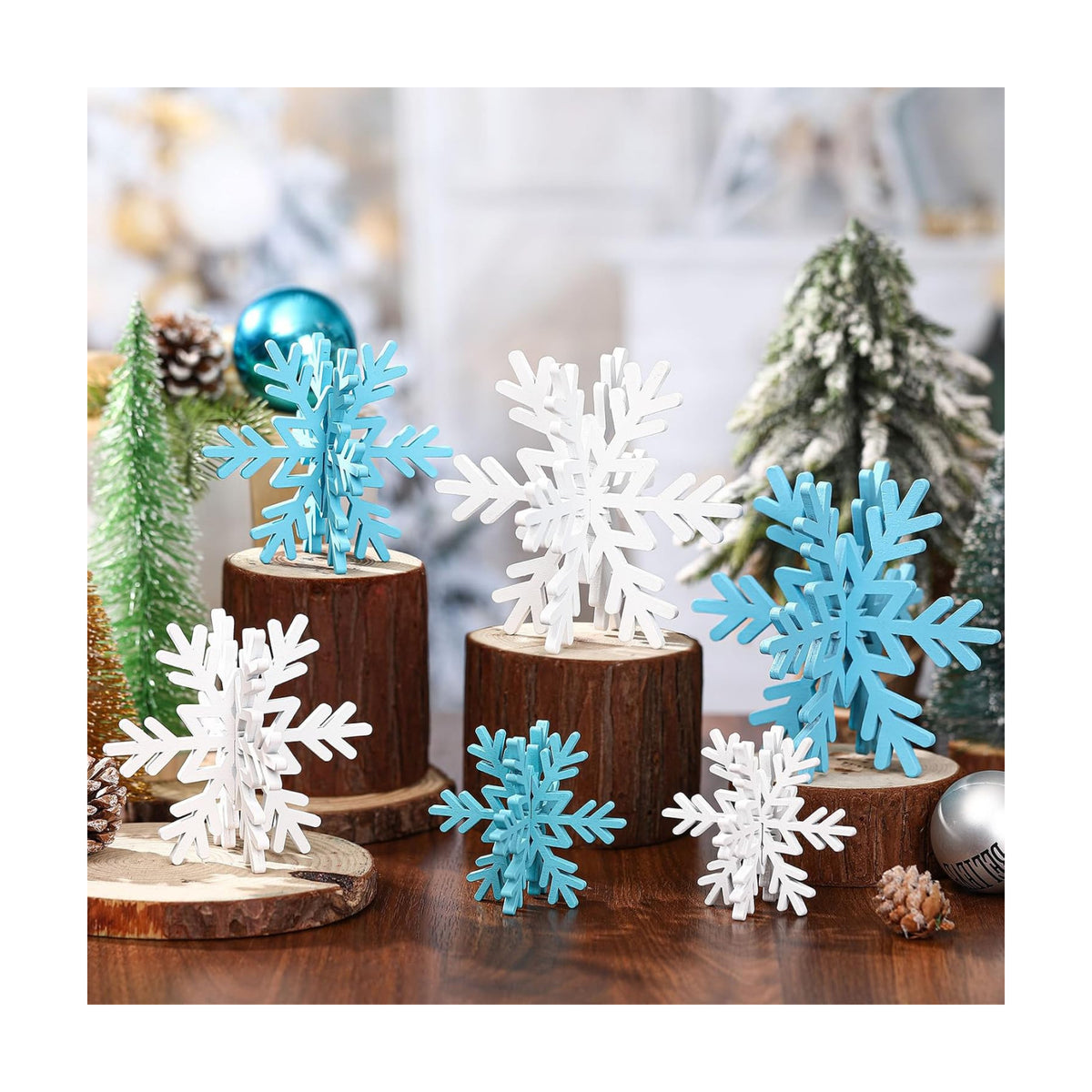 Bucherry 12 Pcs Wooden Snowflakes Table Decor,White, Light Blue