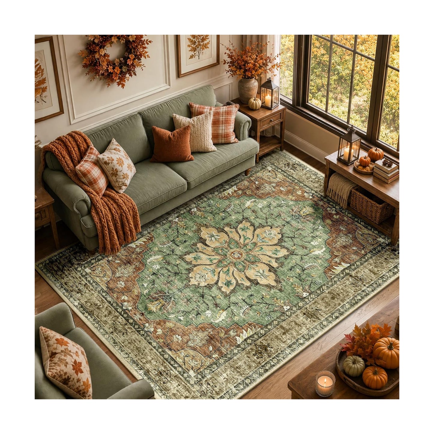 RELEANY Washable Area Rug, 8'x10', Brick/Brown/Green