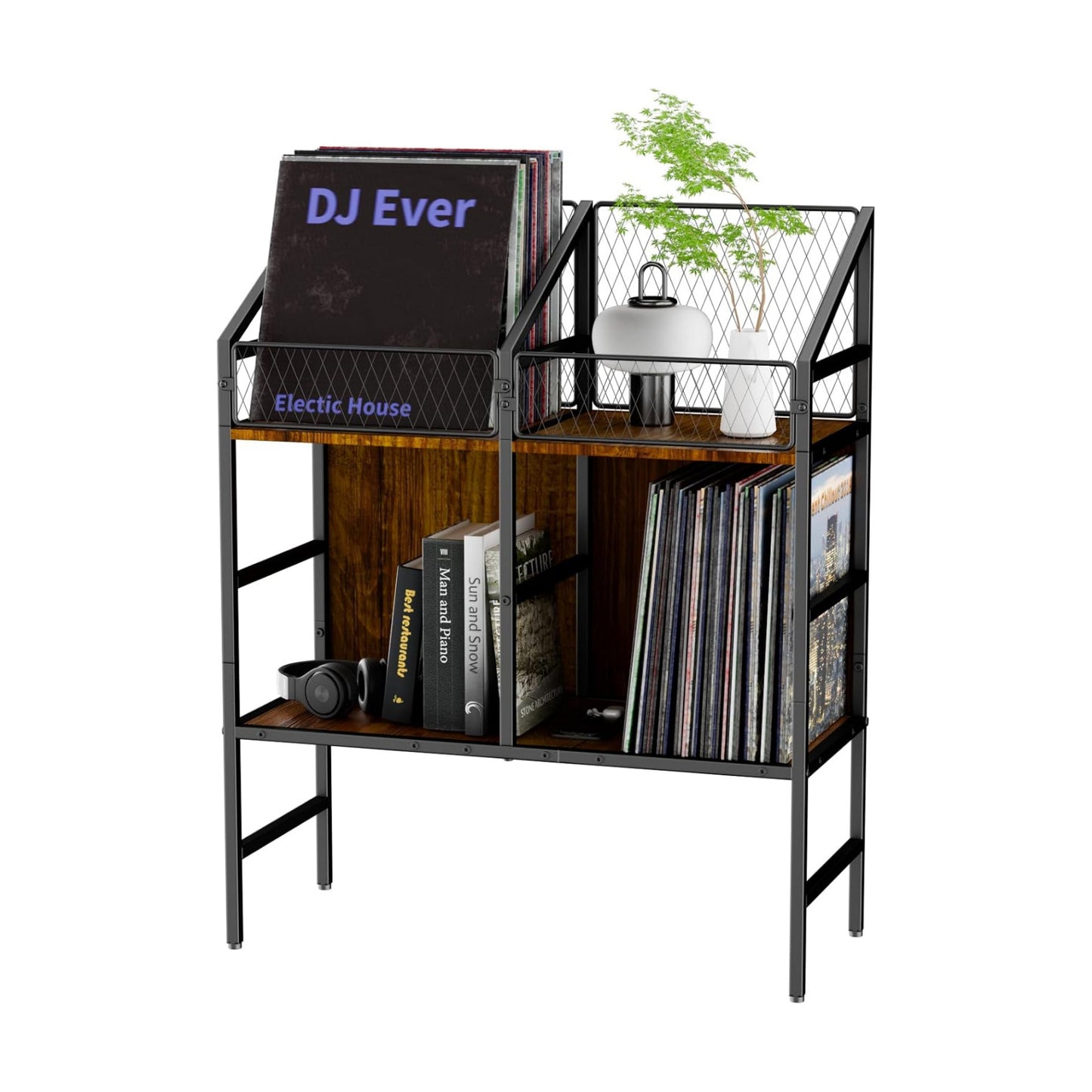 EYOCAL Vinyl Record Holder Storage Rack,200 LP Wooden Record Display Table for Albums Books Magazines Files for Living