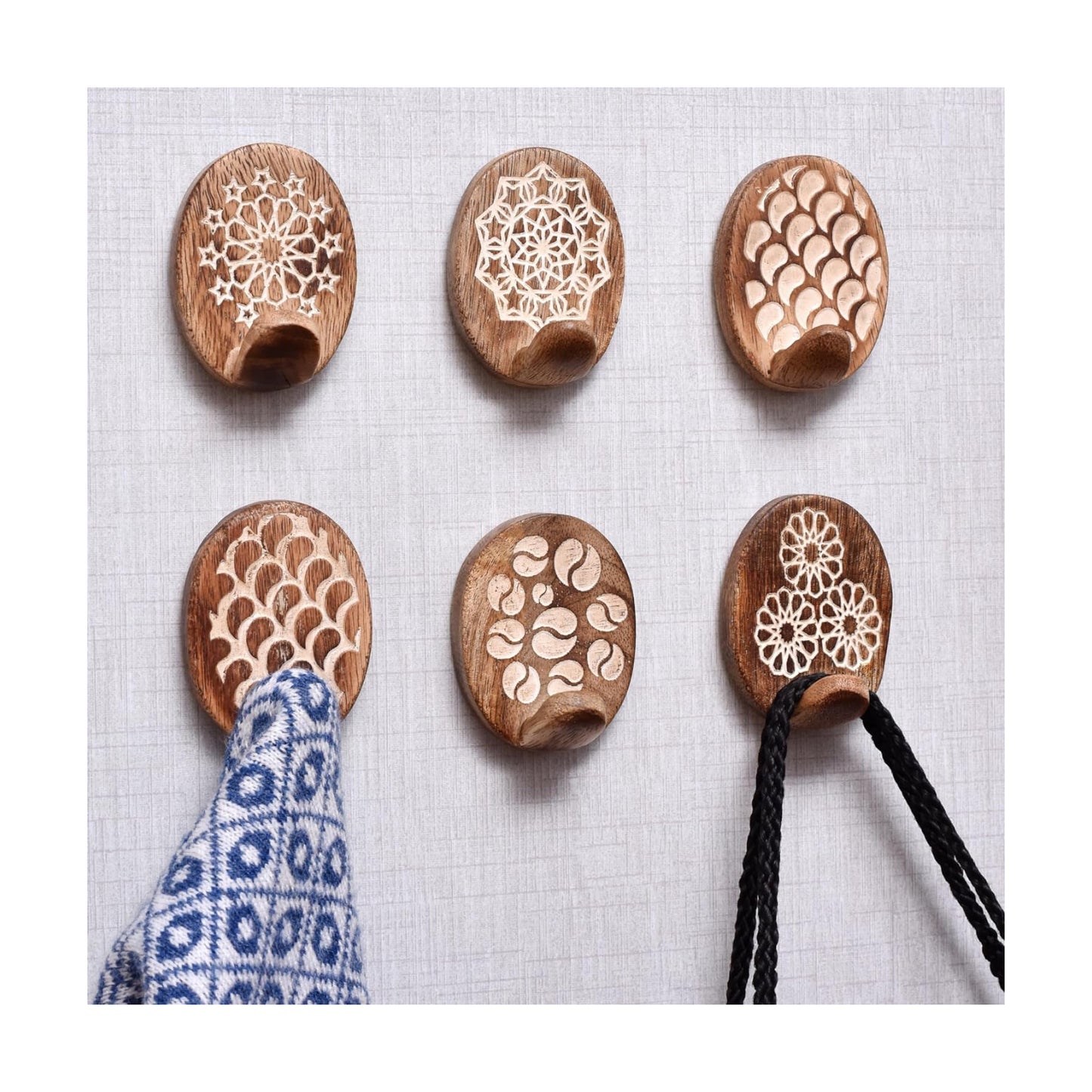 6 Lb Decorative Wood Adhesive Wall Hooks-Boho Peel and Stick Hooks / Brown Style 7 / Set of 6