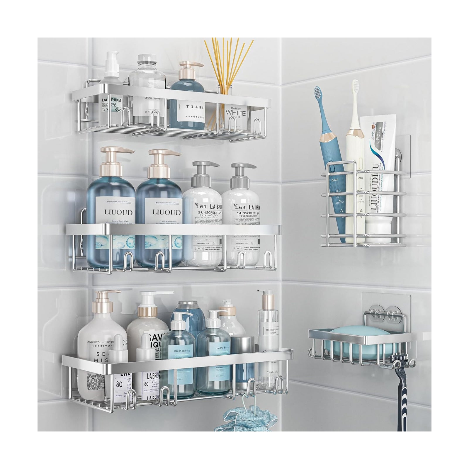Self Adhesive Bathroom Wall Storage Basket Rustproof / Silver / Set of 5