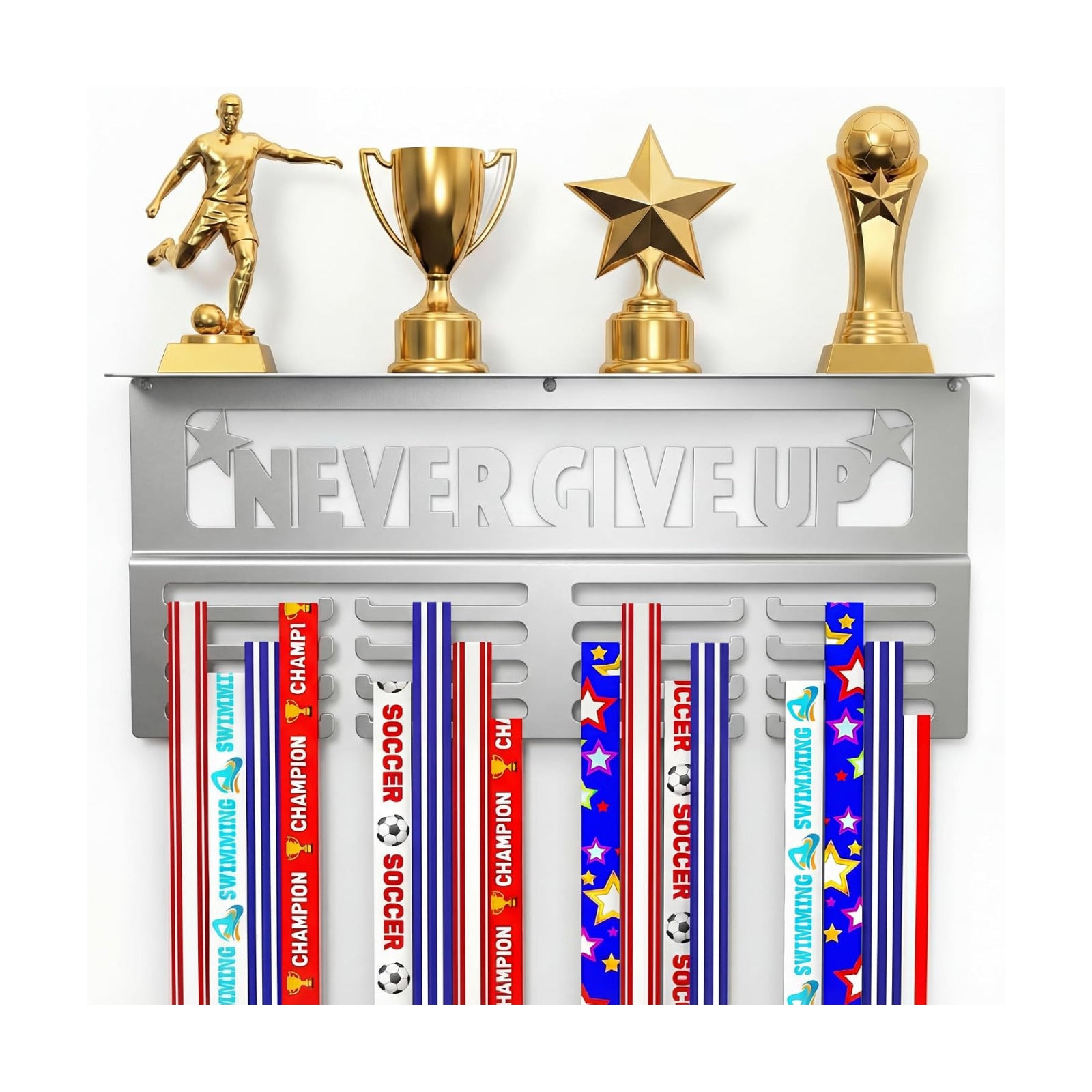 AGATHOS HOME Medal Hanger Display with Trophy Shelf - Metal Awards Rack for Walls Holds 64+ Sports Medals- Our Never