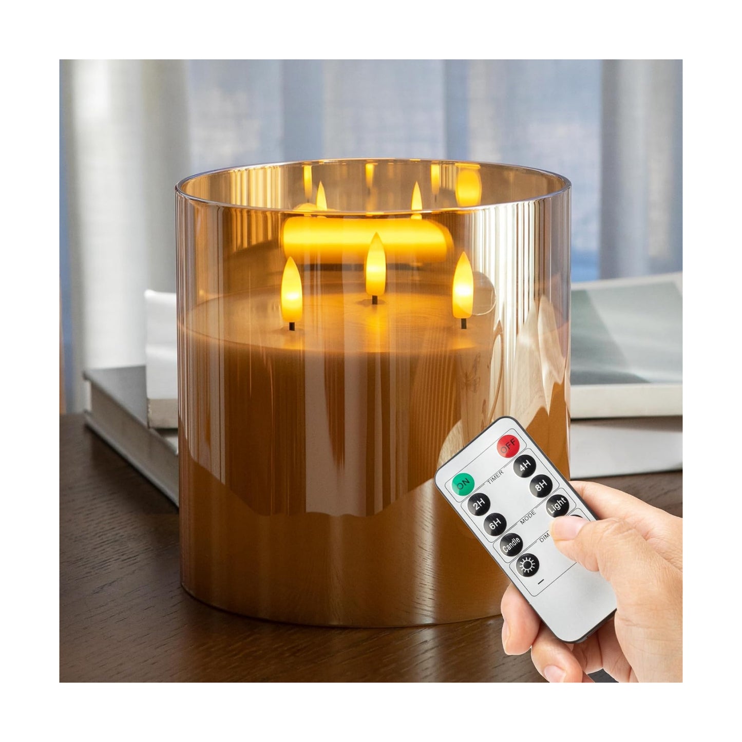 Extra Large Flameless Candles with 3 Wicks, 6"x6" Glass Battery Operated Candles with Remote, Real Wax Flickering LED