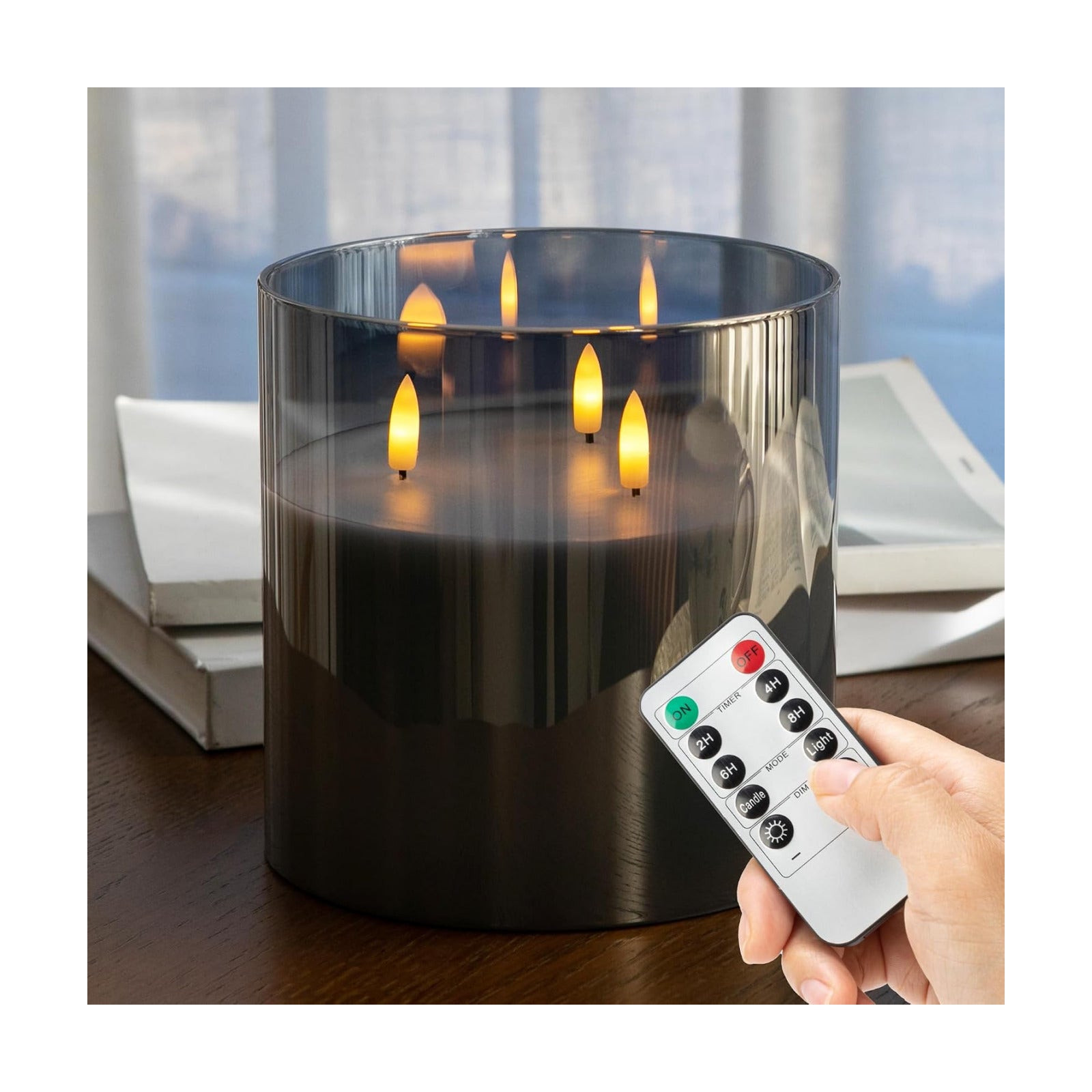 Extra Large Flameless Candles with 3 Wicks, 6"x6" Glass Battery Operated Candles with Remote, Real Wax Flickering LED