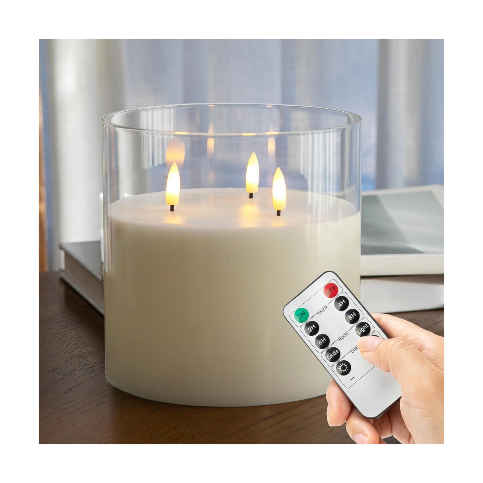 Extra Large Flameless Candles with 3 Wicks, 6"x6" Glass Battery Operated Candles with Remote, Real Wax Flickering LED