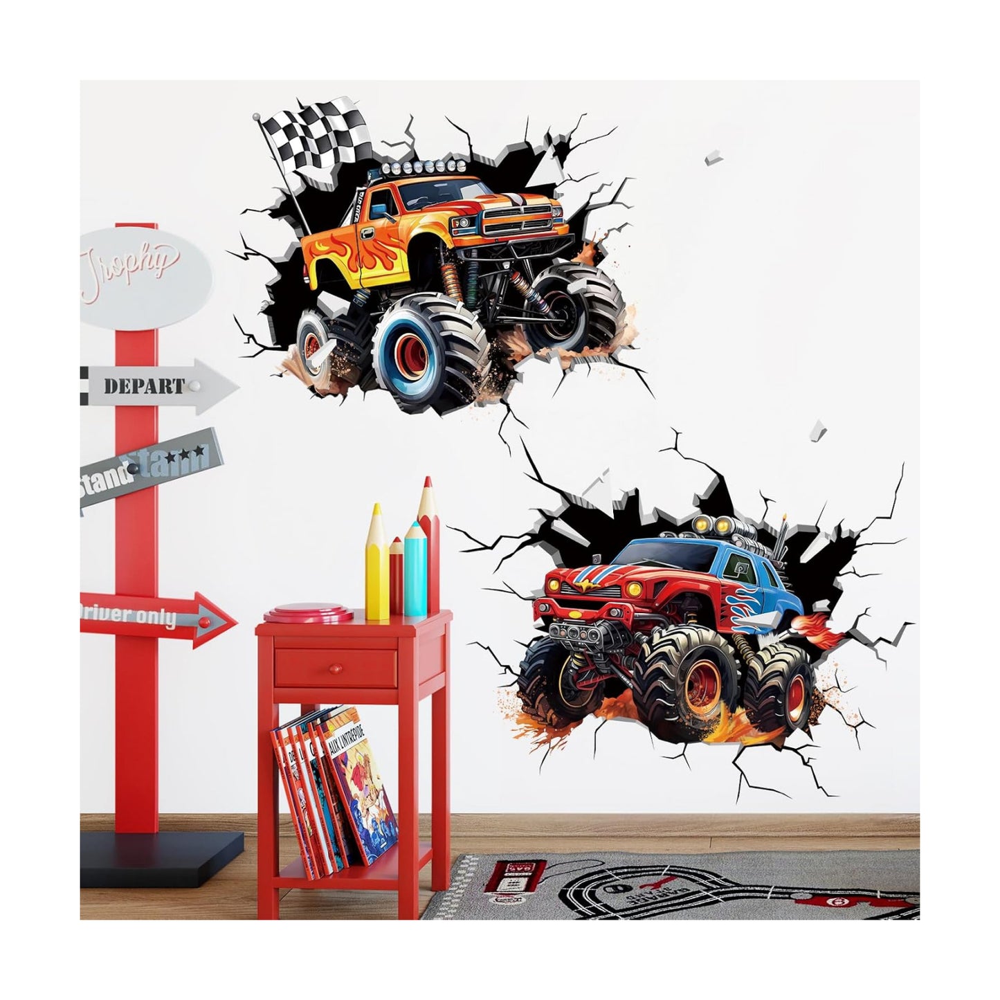 2 Large 3D Racing Cars Wall Decals Trucks Break Through Wall Stickers Boys Bedroom Kids Room
