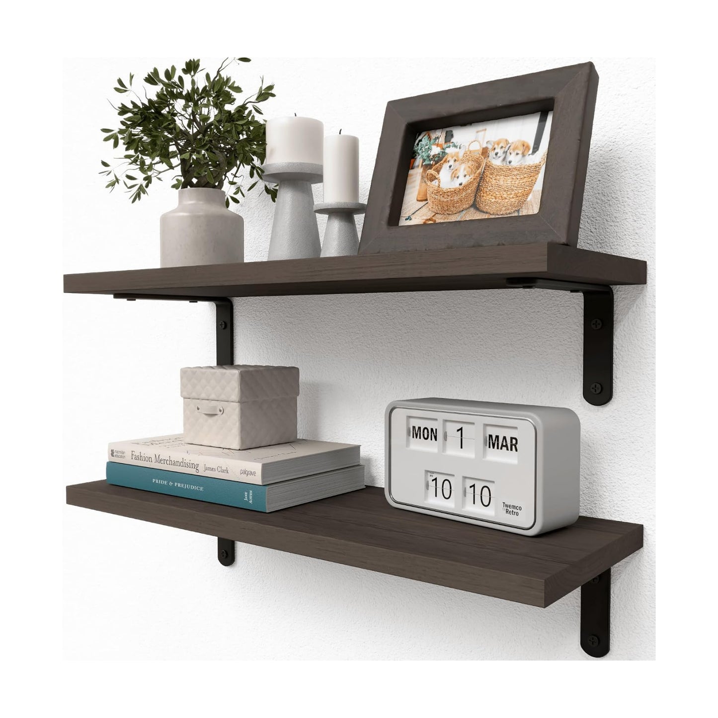 Rustic Wood Wall Shelves / Deep Brown / 16.54in / Set of 2