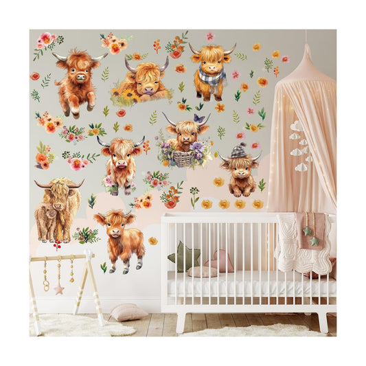 12 Sheet Highland Cow Wall Decals Baby Wall Stickers Highland Cow Sticker for Kids Baby / Set of 78