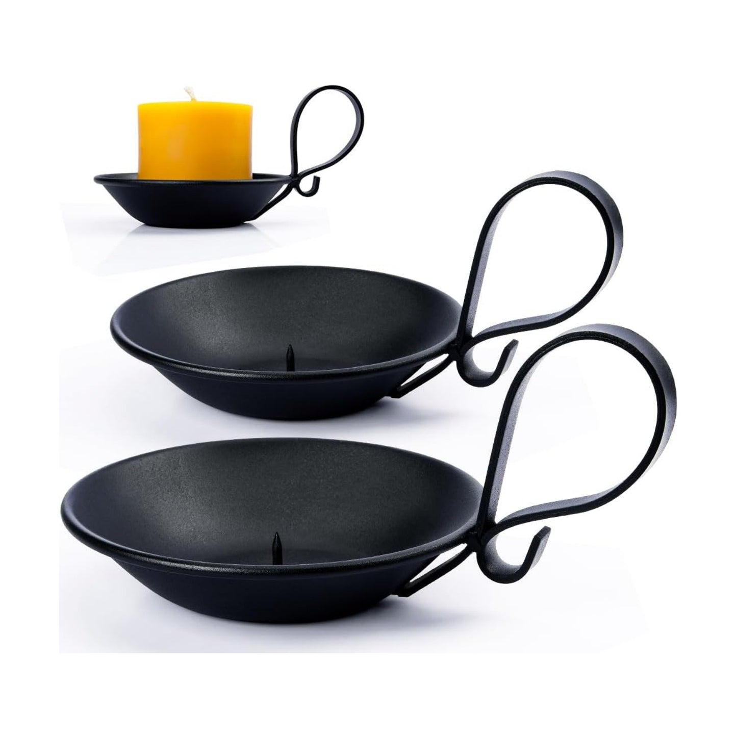 2-Pack Matte Black Iron Pillar Holders, Handle & Safety Spike | Thick Cast Metal, Powder Coating, Secure Grip Base