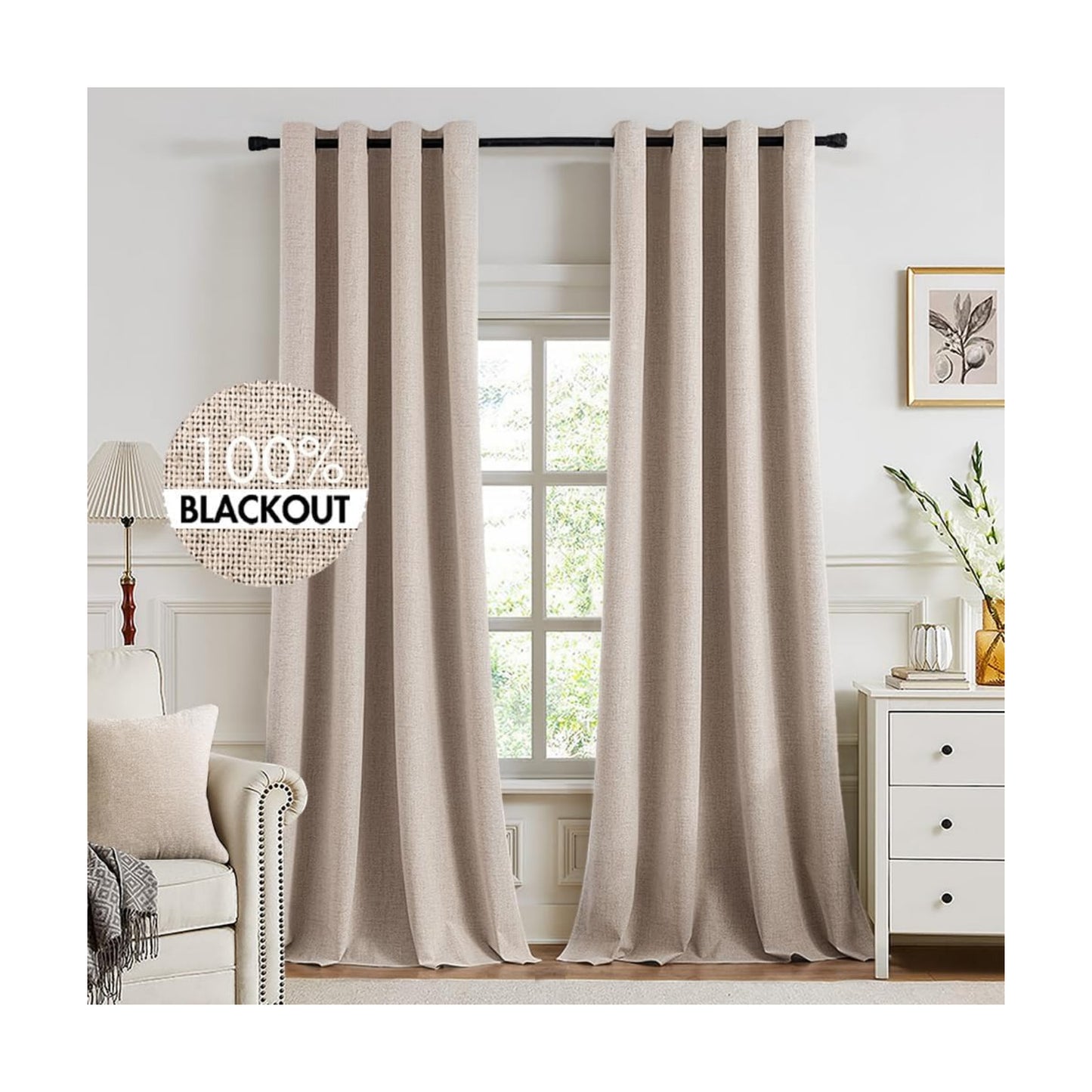 MIULEE 100% Blackout Linen Curtains for Bedroom 52x102 Inches Natural Beige