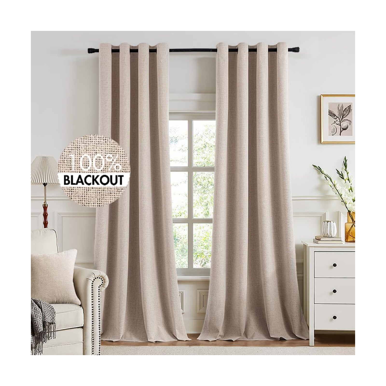 MIULEE 100% Blackout Linen Curtains for Bedroom 52x132 Inches Natural Beige