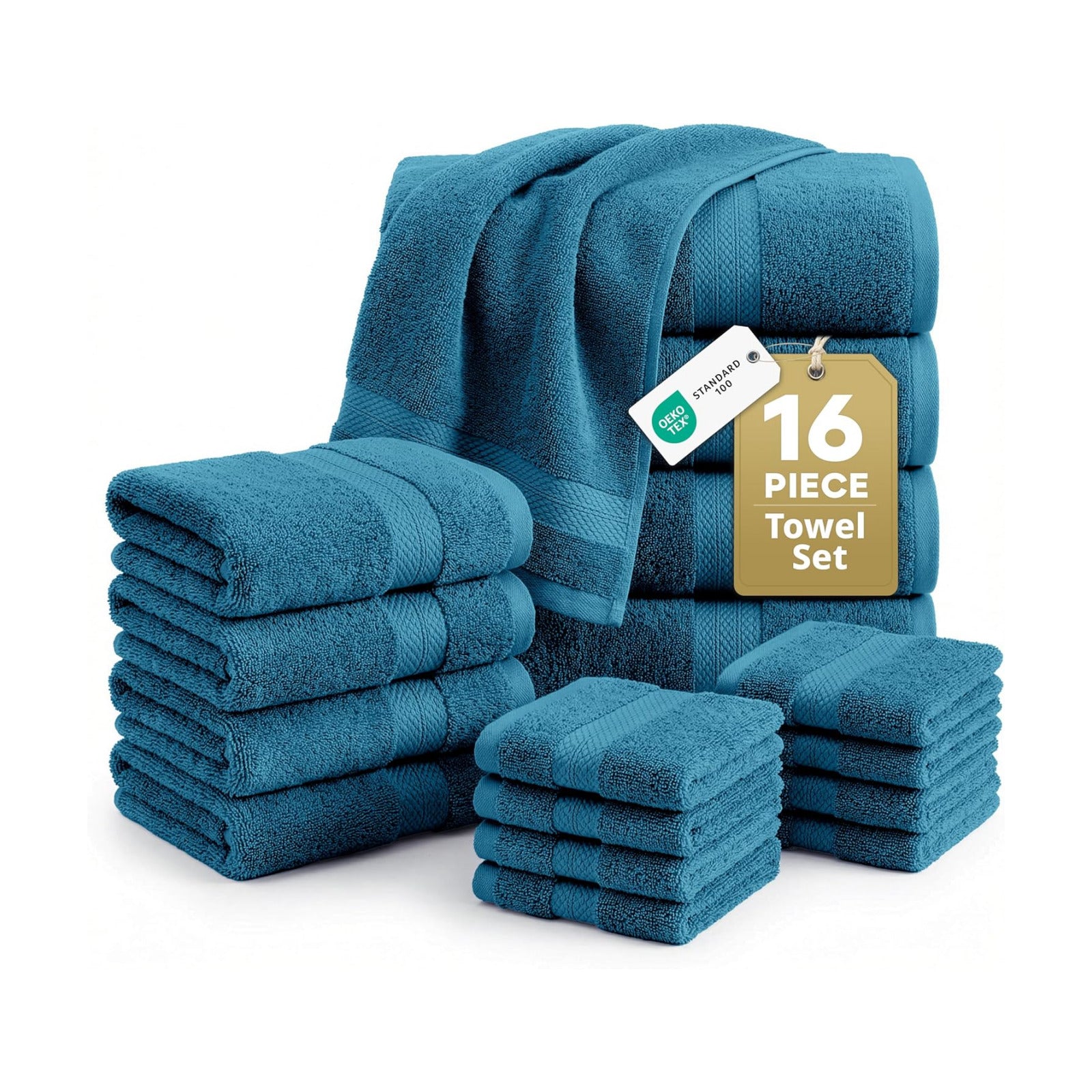 LANE LINEN Bath Towel Set 100% Cotton 16 Piece Soft Absorbent - Sea Port | Bath Towels Large Set -, Terry Weave