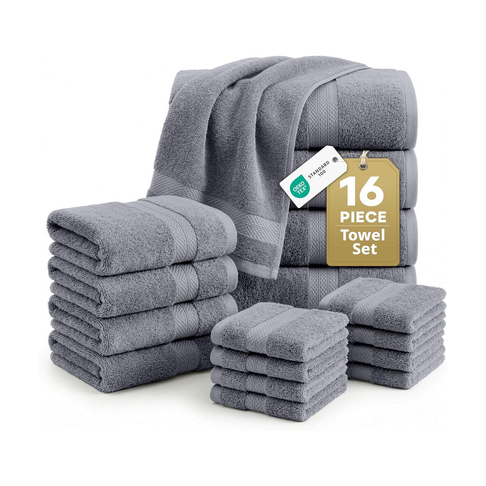LANE LINEN Towel Set for Bathroom 16 Piece Soft Absorbent - Cool Grey | Towels And Washcloths Sets - Oversized & Roomy