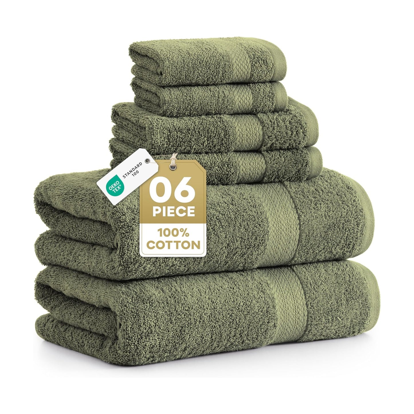 LANE LINEN Bath Towel Set 100% Cotton 6 Piece Soft Absorbent - Oil Green | Bath Towels Set Of 6 - Densely Woven